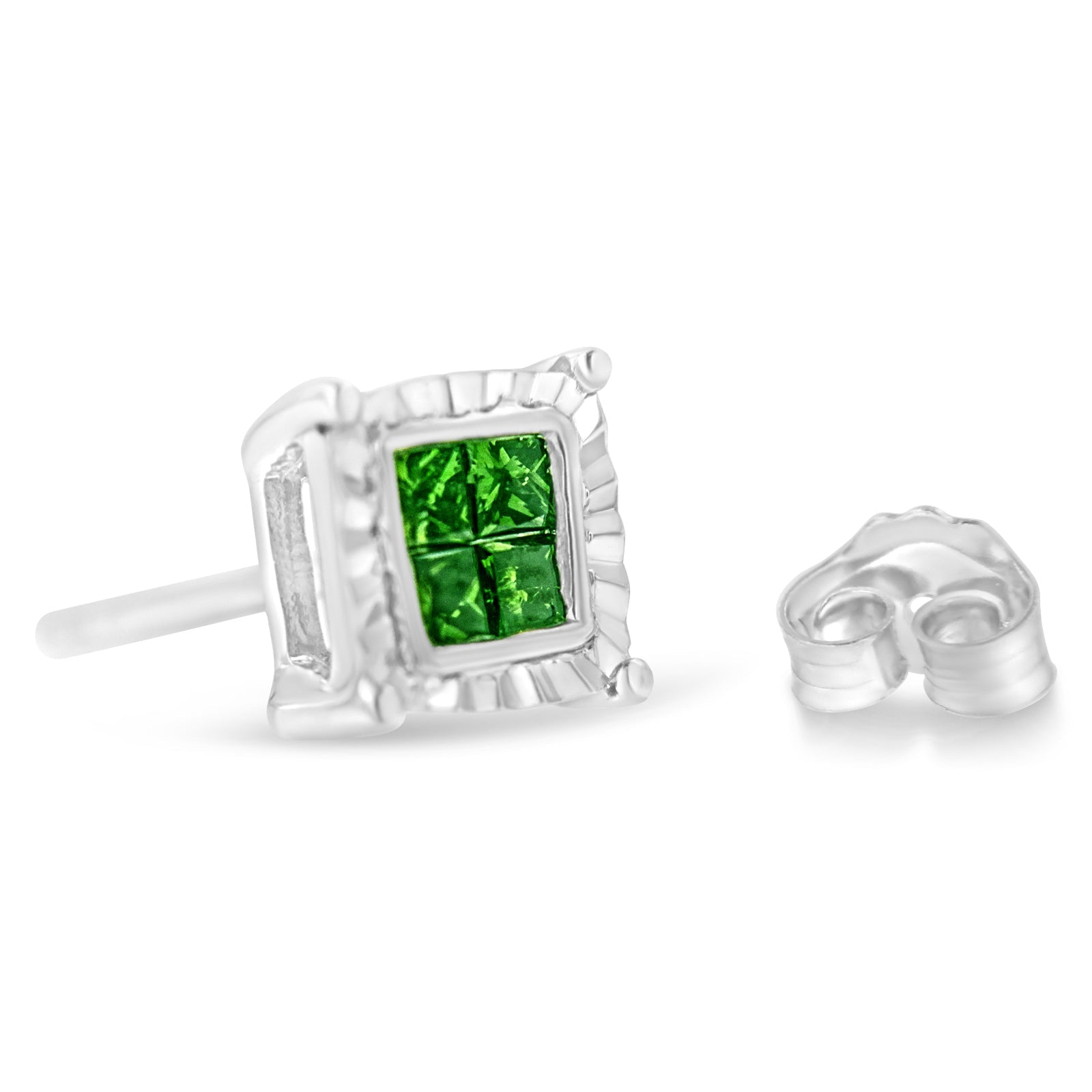 Sterling Silver Color Treated Princess Diamond Quad Stud Earring (1/2 cttw, Green Color, I1-I2 Clarity) by Bids.com