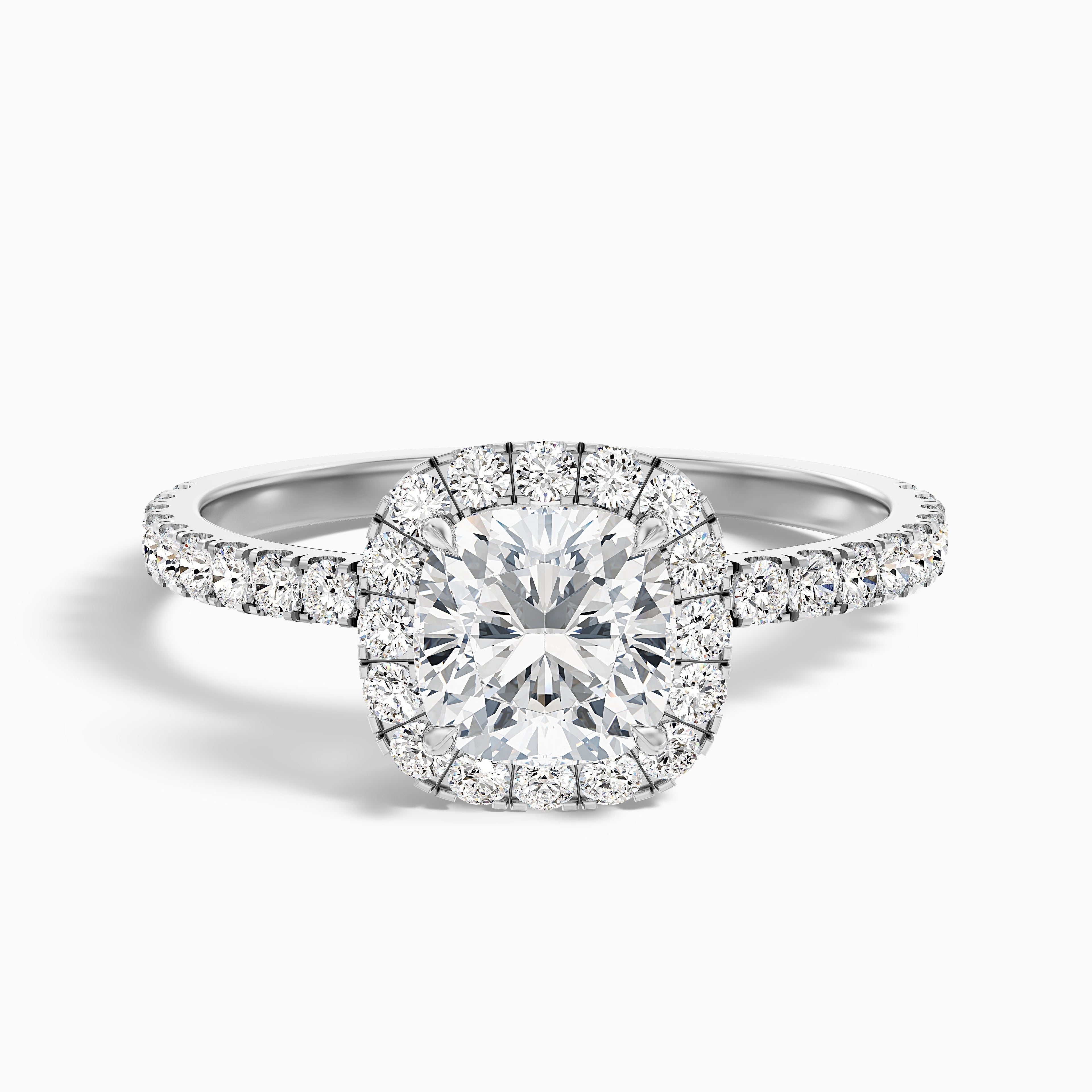 Gina 1 Carat Cushion Cut Halo Pave Moissanite Engagement Ring in 10k White Gold DestGlow