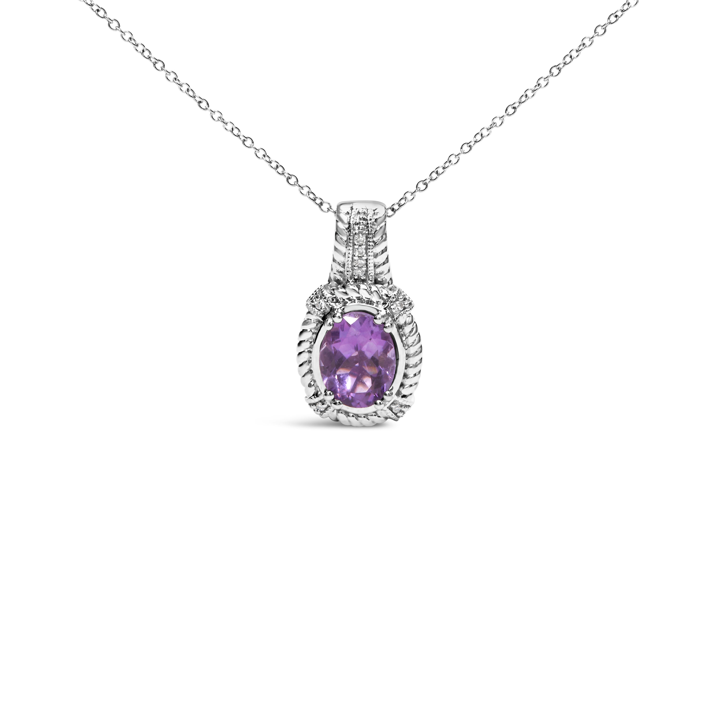 .925 Sterling Silver 9x7mm Oval Purple Amethyst and Round Diamond Accent Fashion Drop Pendant 18 Inch Necklace (I-J Color, I1-I2 Clarity) DestGlow