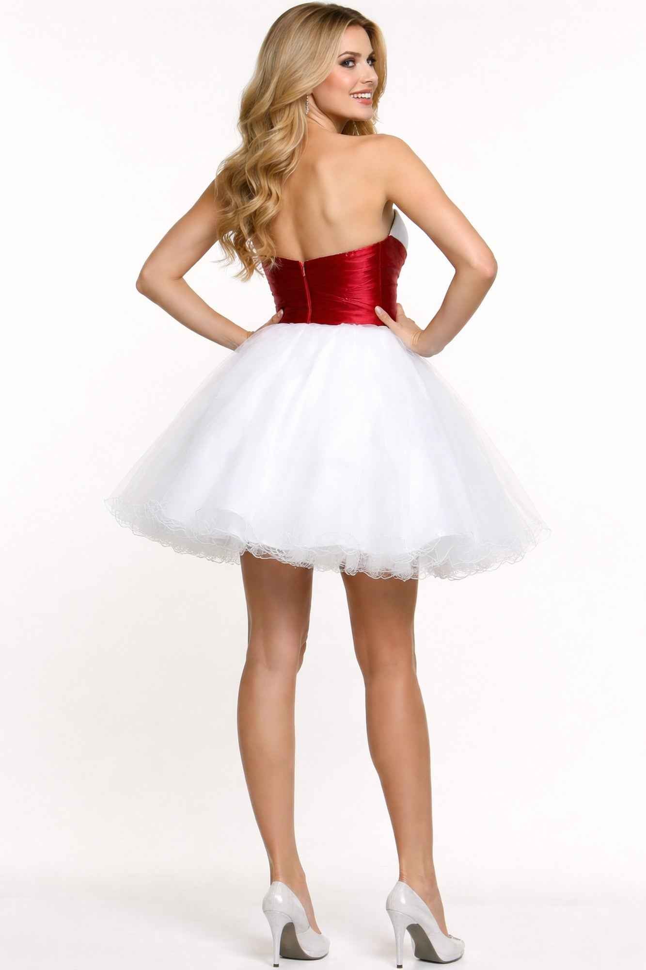 CLEARANCE - Cinderella Divine 077 Short Strapless White Dress Red Rhinestone Waist Tulle (Size 4) by DiscountDressShop