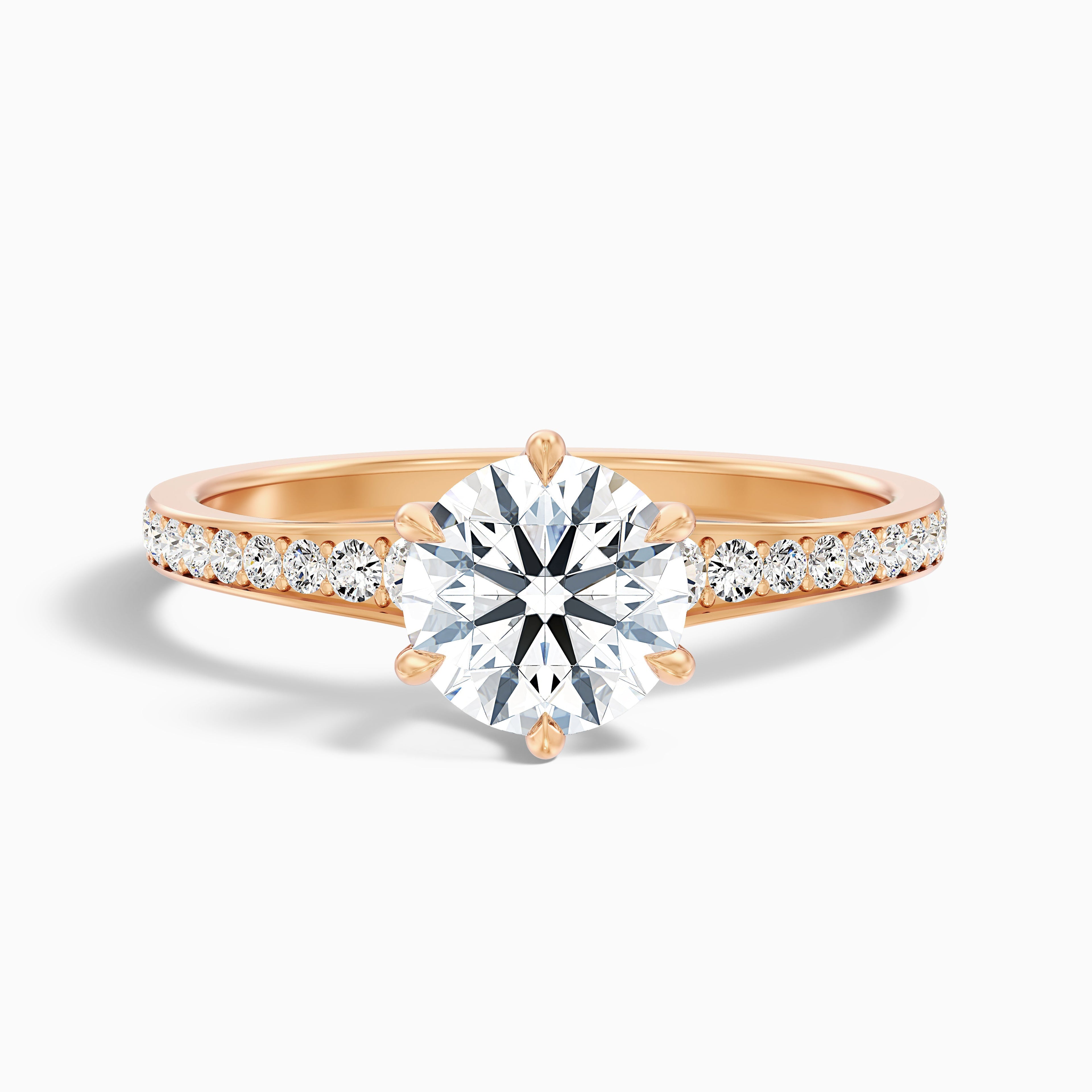 Carol 1 Carat Round Side Stone Pave Moissanite Engagement Ring in 18k Rose Gold
