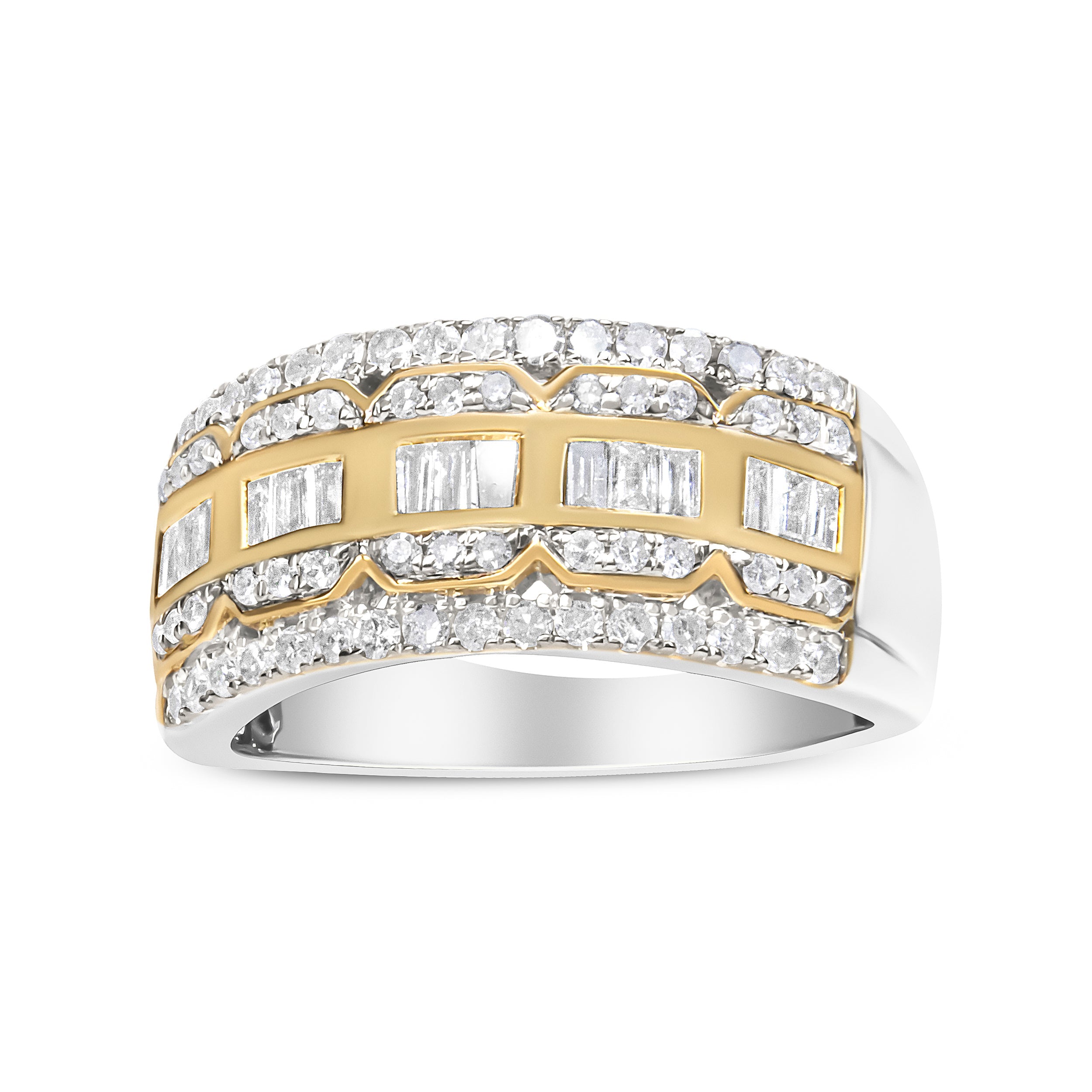 10K White and Yellow Gold 1.00 Cttw Baguette and Round cut Diamond Art Deco Multi-Row Ring Band (I-J Color, I1-I2 Clarity) - Ring Size 7 by Bids.com