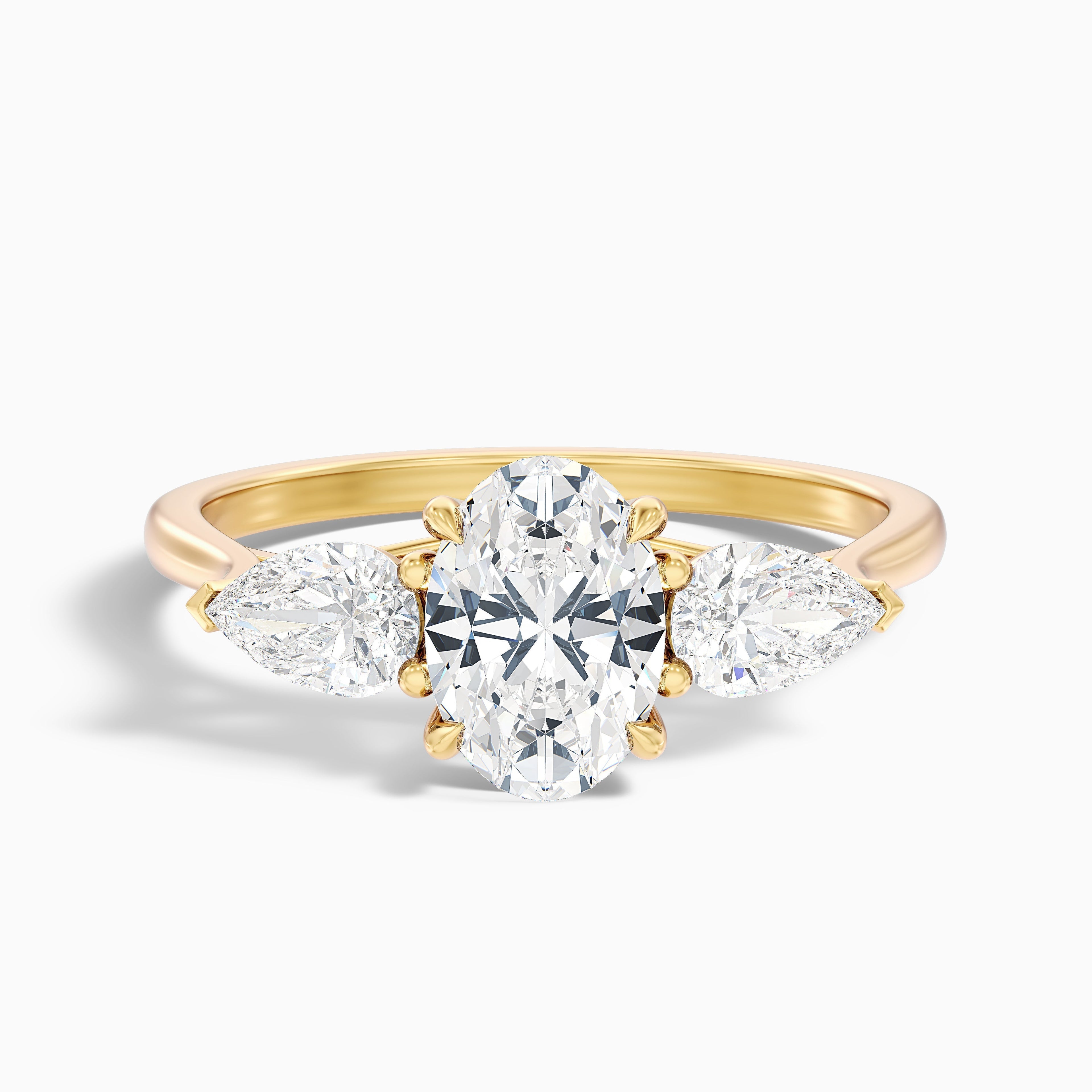 Isa 3 Carat Three Stone Oval Halo Moissanite Engagement Ring in 18k Yellow Gold