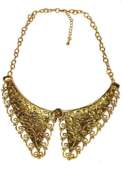 Victorian Style Scroll Work Collar Necklace - Antique Gold Statement Jewelry