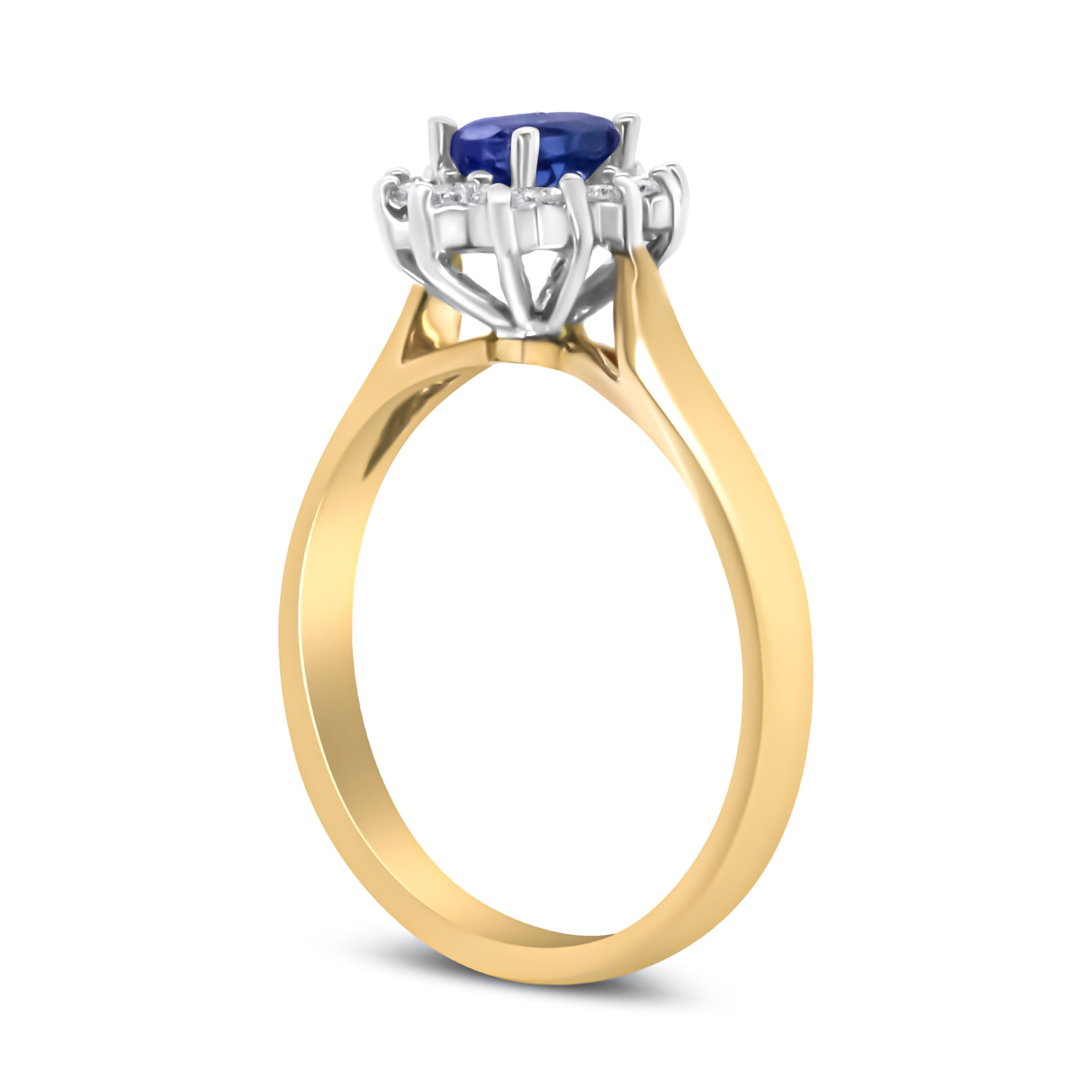 14K Yellow Gold 1/5 Cttw Round Diamond and 6x4mm Oval Blue Tanzanite Halo Ring (H-I Color, I1-I2 Clarity) - Size 7.75 DestGlow