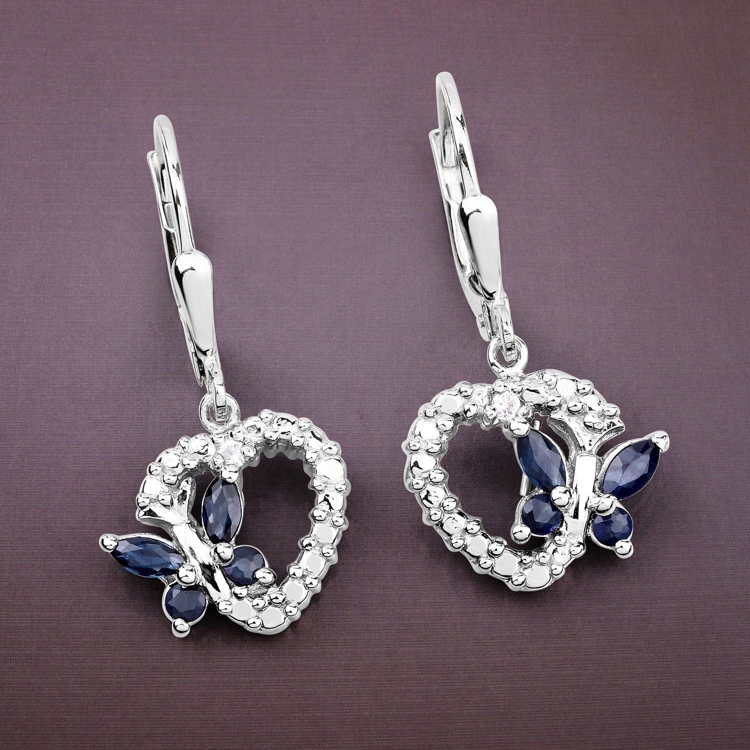 0.57 Carat Genuine Blue Sapphire and Created White Sapphire .925 Sterling Silver Earrings DestGlow