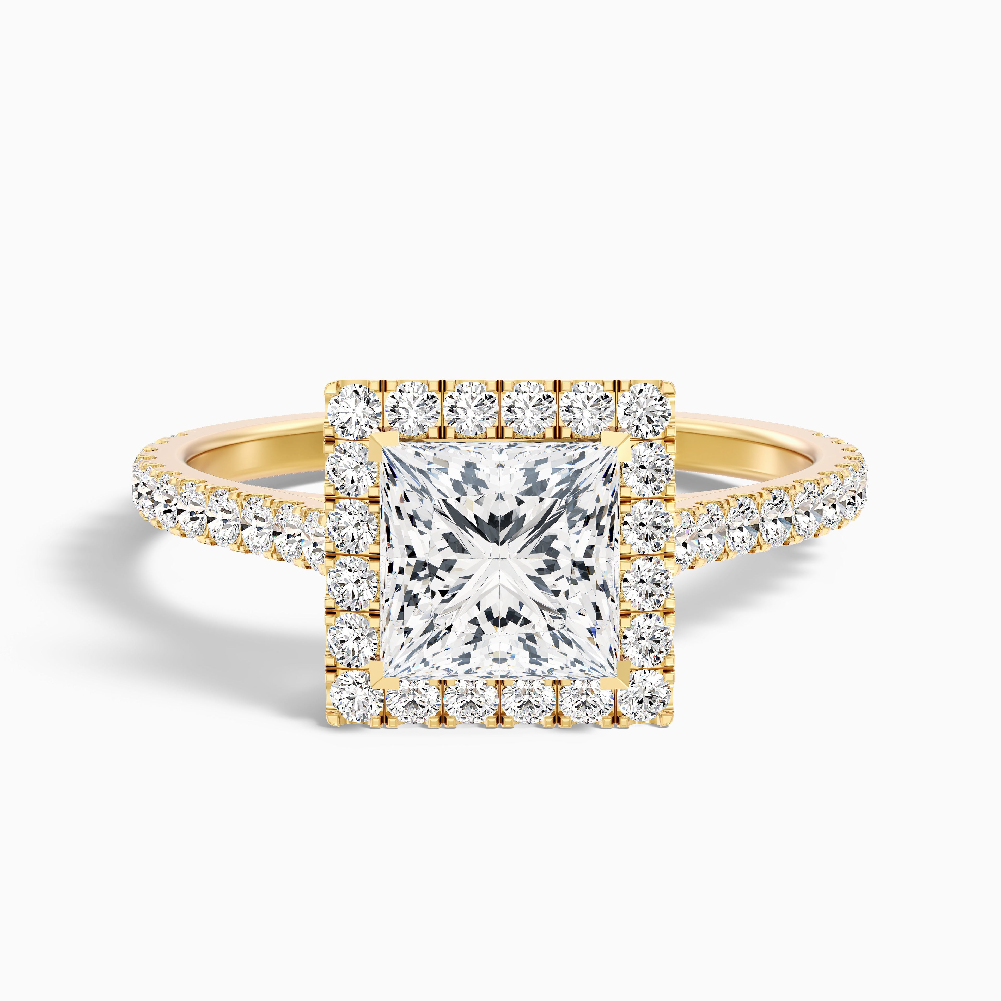 Rose 5.5 Carat Princess Halo Pave Moissanite Engagement Ring in 18k Yellow Gold DestGlow