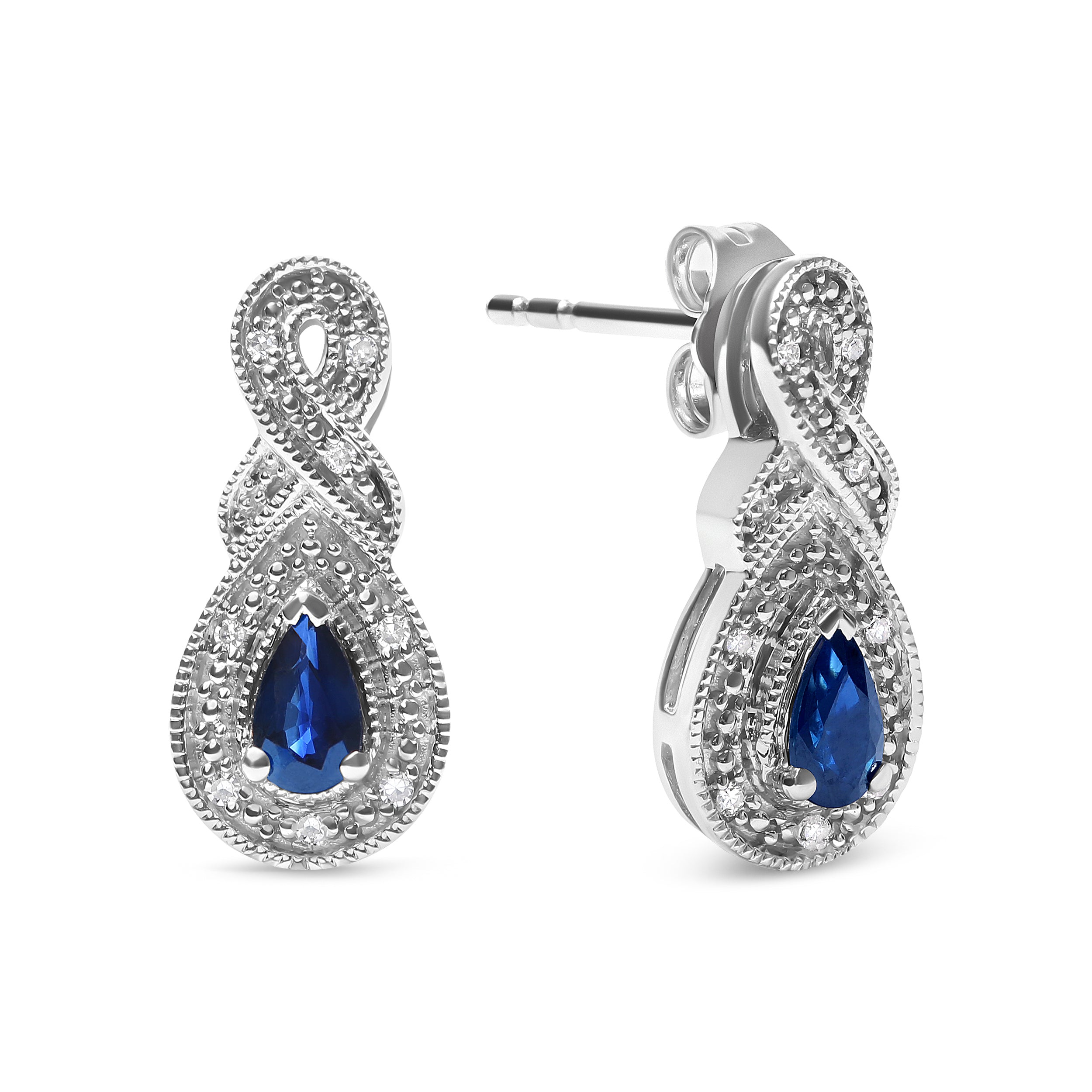 .925 Sterling Silver 4.5 x 3mm Pear Sapphire Gemstone and Diamond Accent Infinity Drop Stud Earrings (H-I Color, SI1-SI2 Clarity) by Bids.com