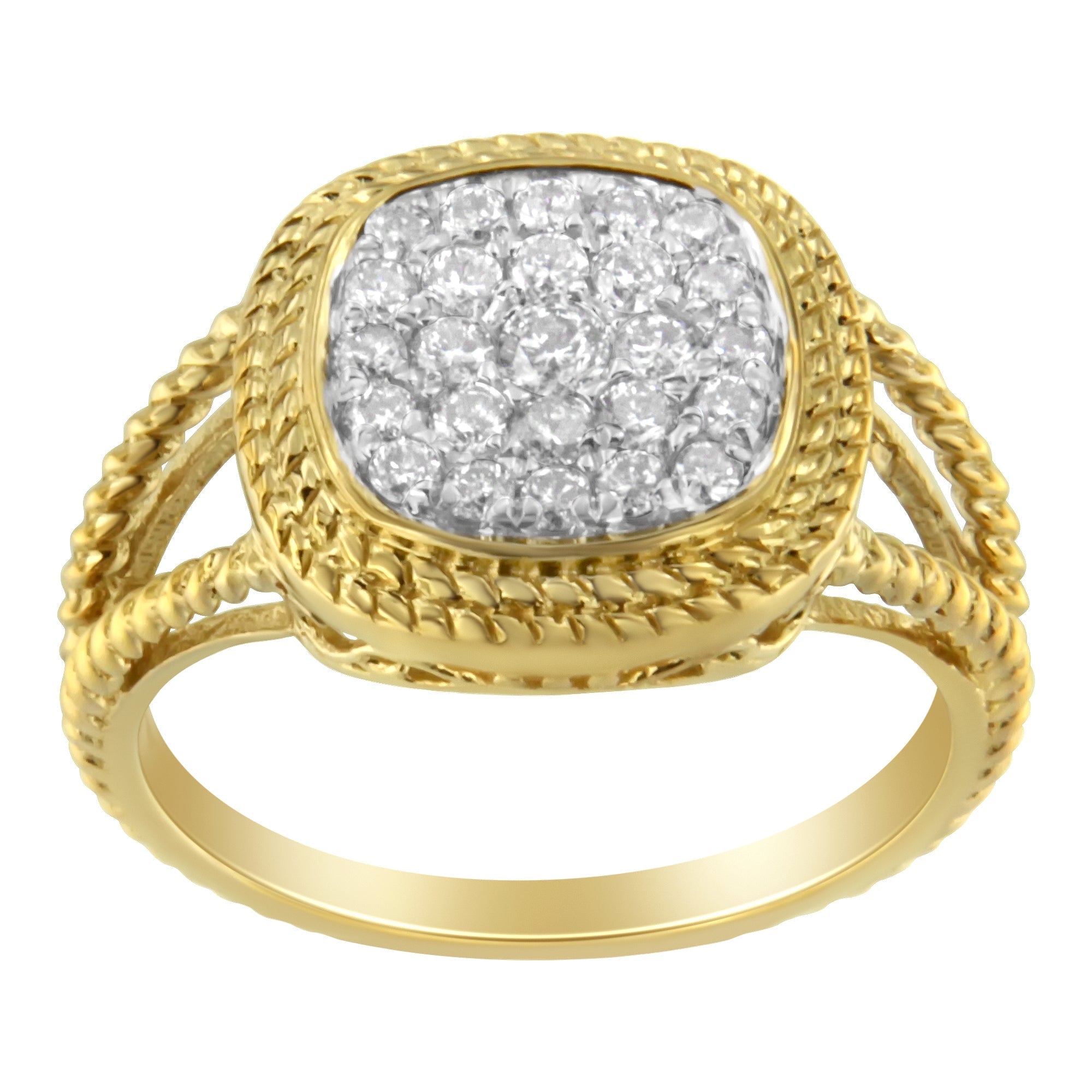 10K Yellow Gold Plated .925 Sterling Silver 1/2 Cttw Diamond Square Cushion Cluster Split Shank Cocktail Ring (J-K Color, I2-I3 Clarity) - Size 7 DestGlow