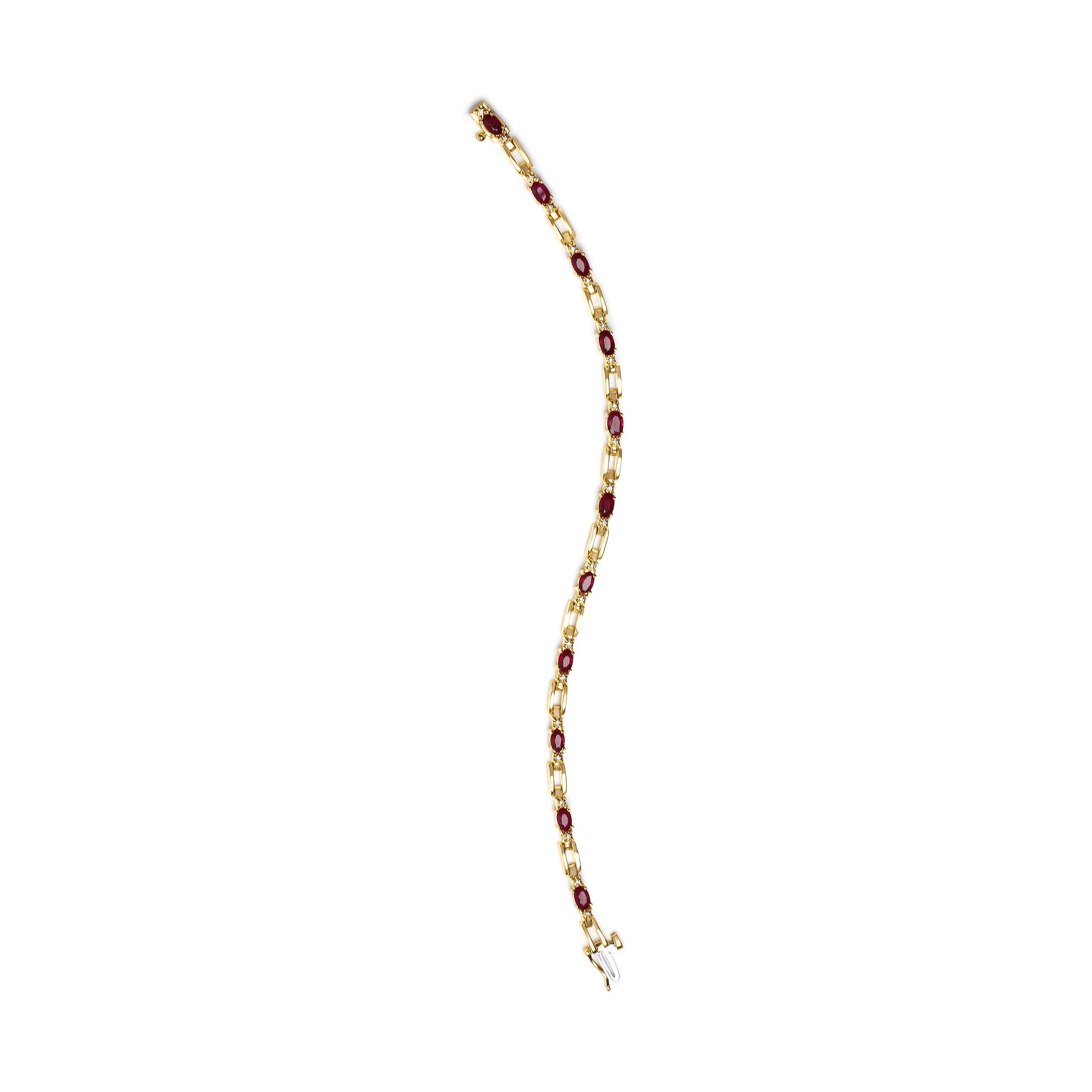 10K Yellow Gold Oval Ruby and 1/10 Cttw Diamond Bar Prong Set Bracelet (H-I Color, SI1-SI2 Clarity) - Size 7" DestGlow