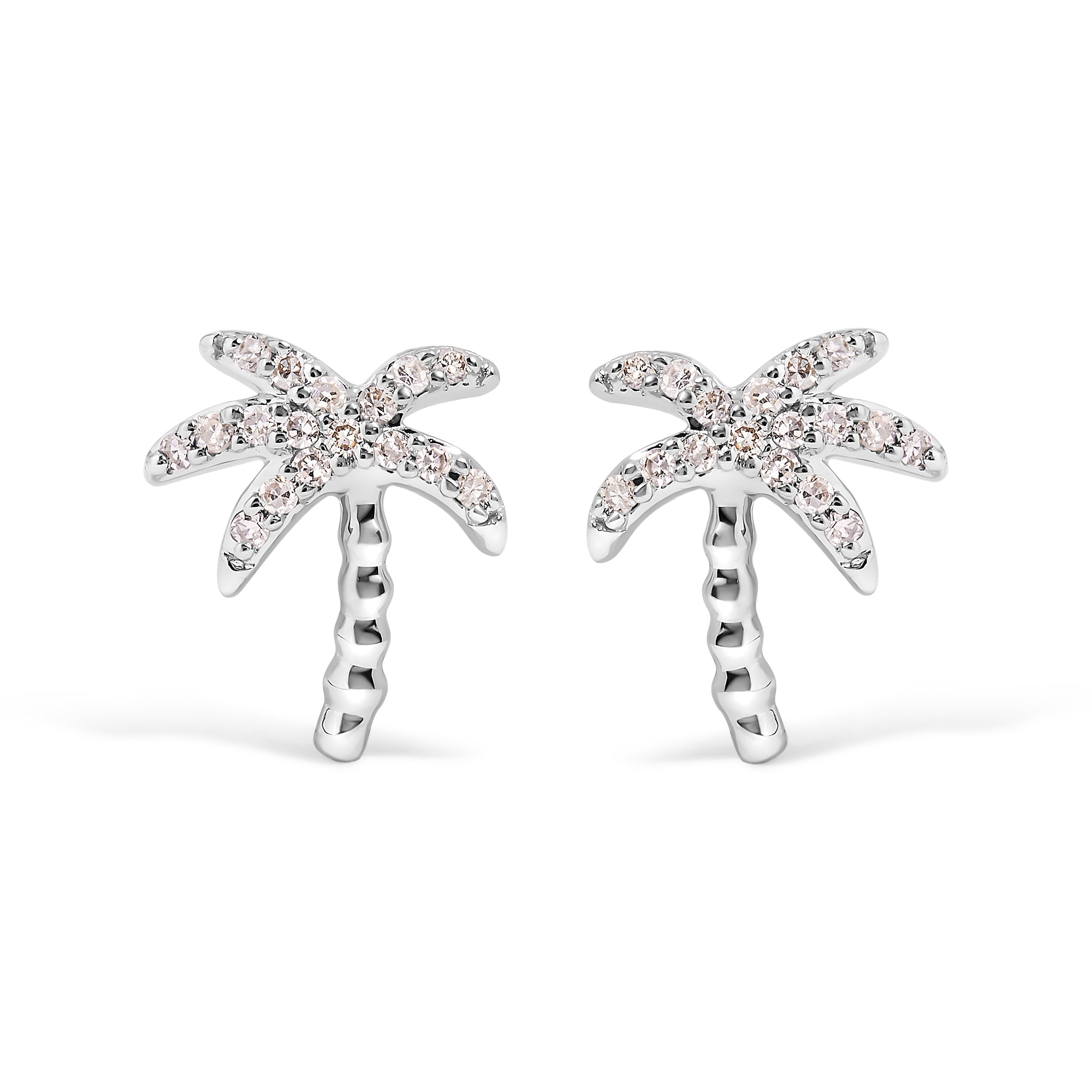 10K White Gold 1/10 Cttw Diamond Encrusted Palm Tree Stud Earrings (H-I Color, I1-I2 Clarity) DestGlow