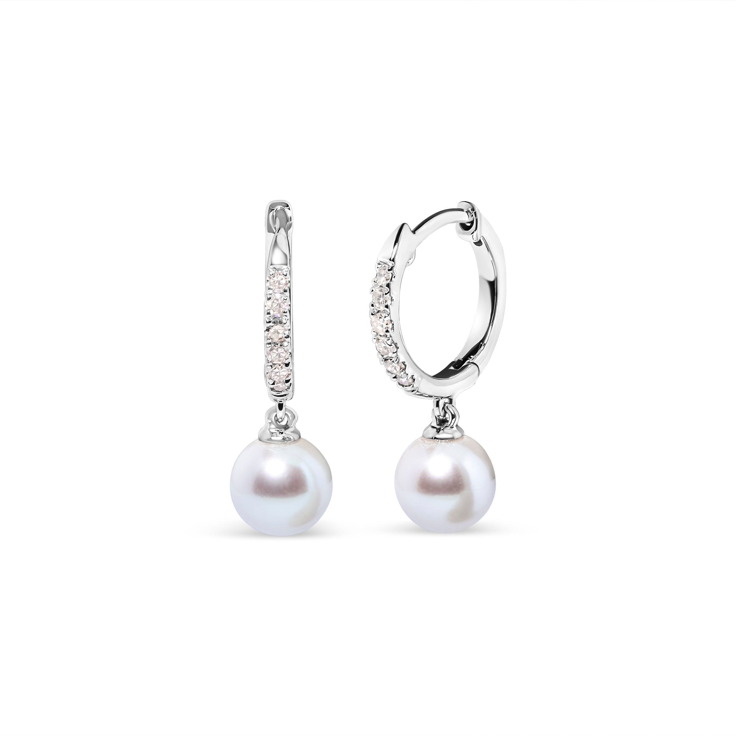 10K White Gold 6x6 MM Cultured Freshwater Pearl and Diamond Accent Drop Huggy Earring (H-I Color, I1-I2 Clarity) DestGlow