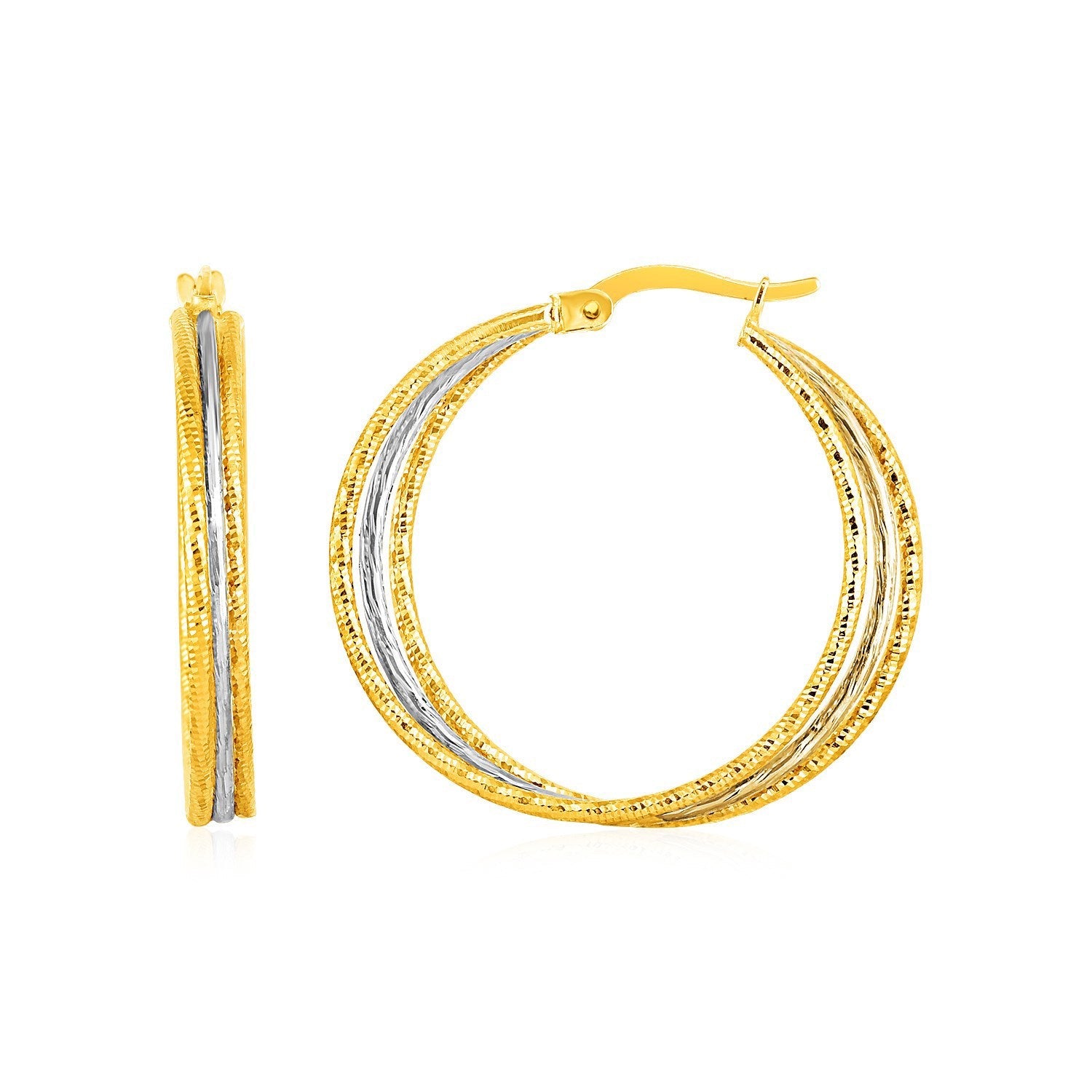 Three Part Textured Hoop Earrings in 14k Yellow and White Gold by Bids.com