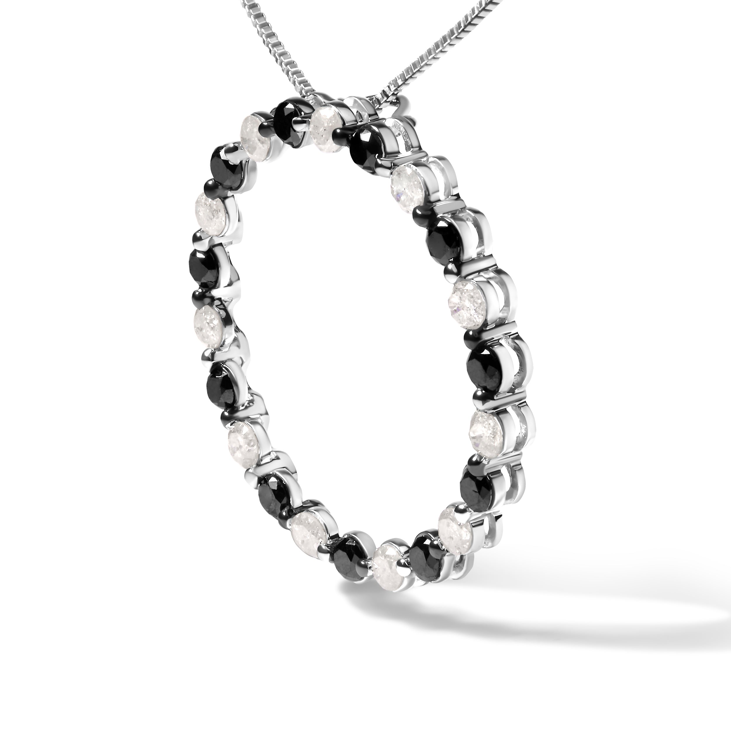 .925 Sterling Silver 1 3/4 Cttw Alternating Black and White Diamond Open Circle Hoop Pendant Necklace (H-I Color, I2-I3 Clarity) - 18" Inches DestGlow