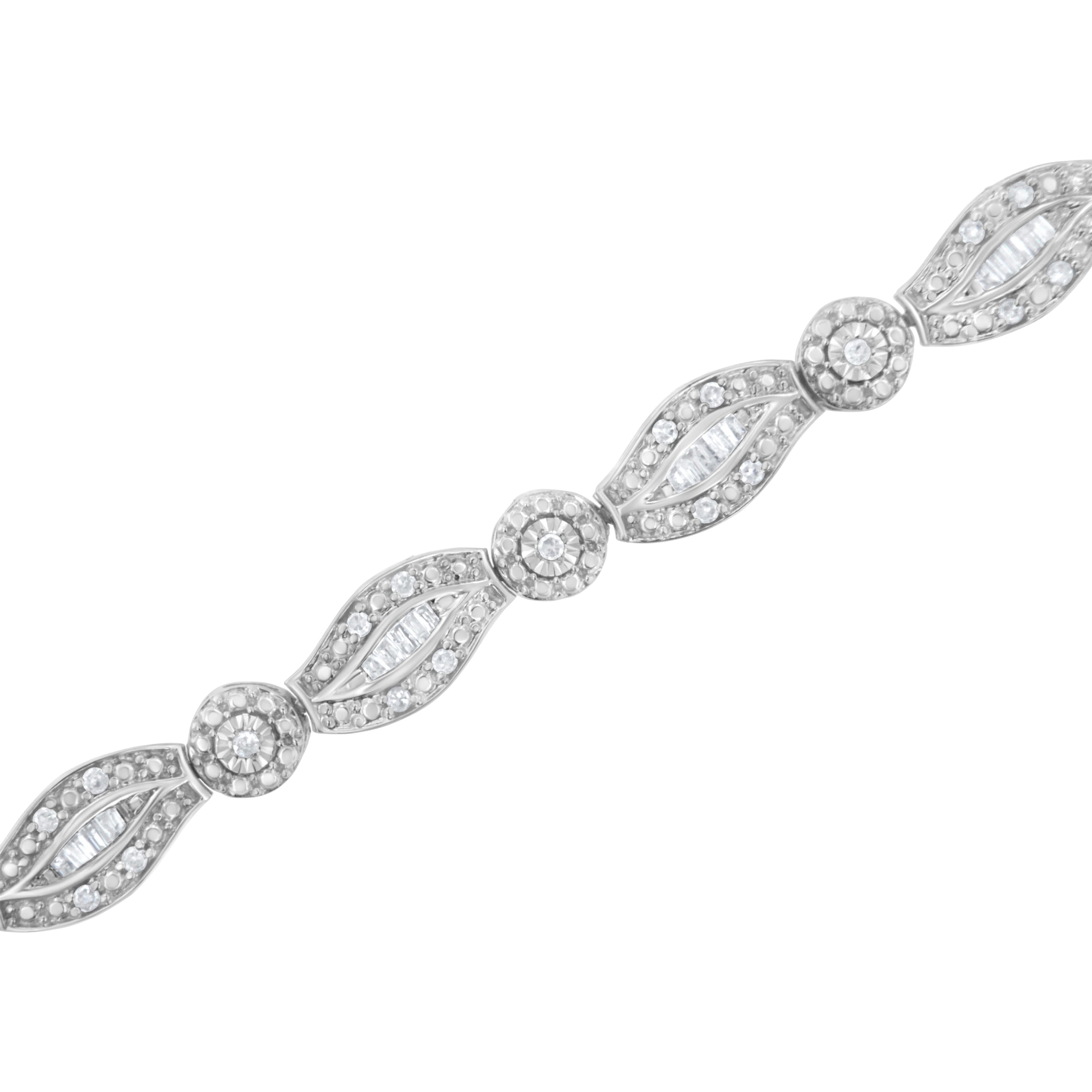 .925 Sterling Silver 1 cttw Diamond Double Leaf and Bezel Link Bracelet (I-J Clarity, I2-I3 Color) - Size 7.25" by Bids.com