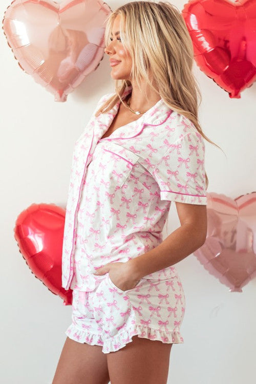 Women's Pink Bow Print Pajama Set - Short Sleeve Top & Ruffled Shorts
