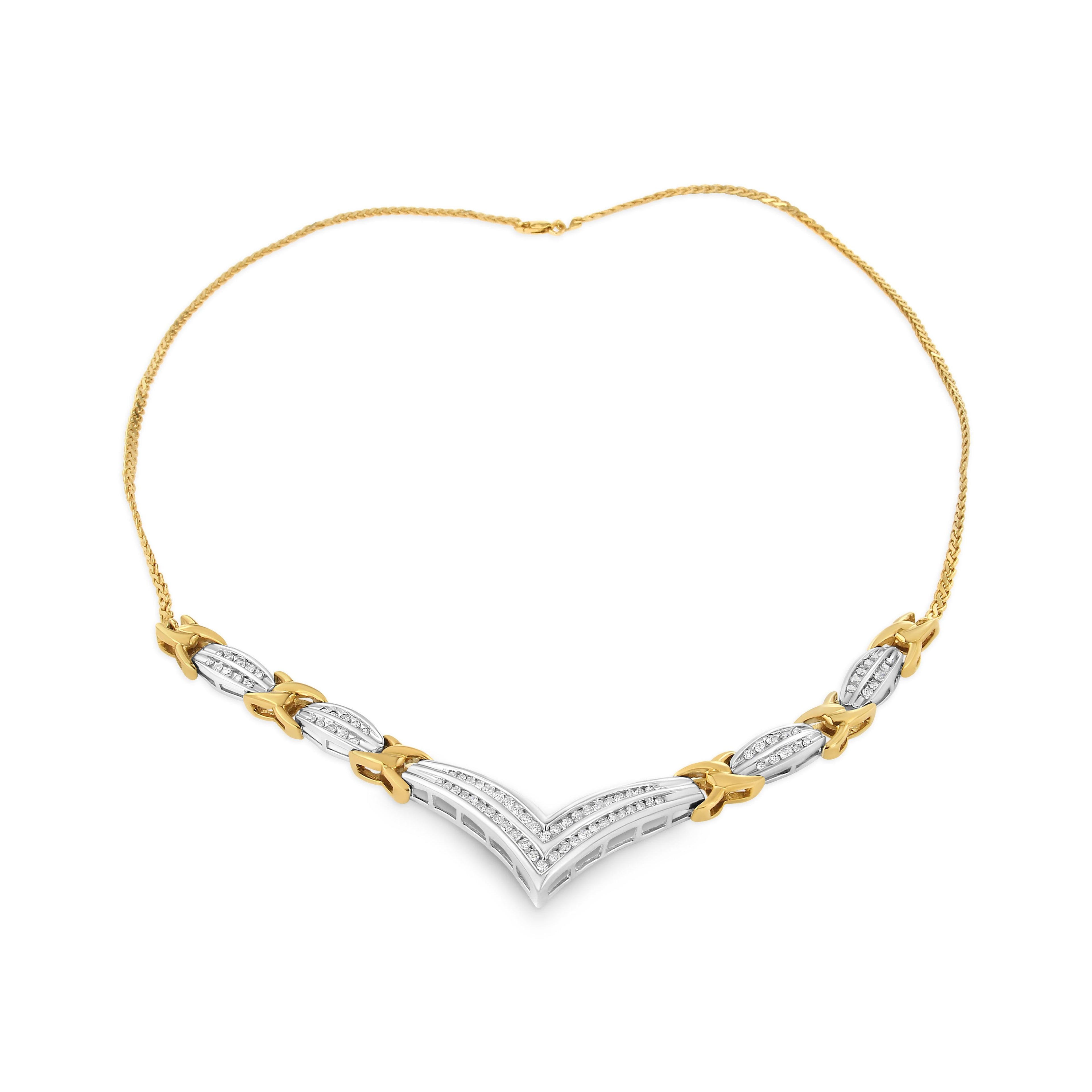 10K Yellow and White Gold 1.0 Cttw Round and Princess cut Diamond "V" Shape Statement Necklace (I-J Color, I1-I2 Clarity) by Bids.com