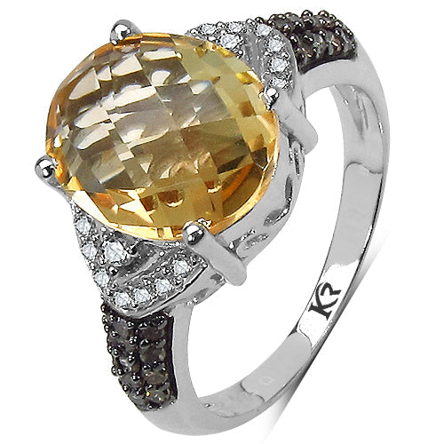 4.69 Carat Genuine Citrine, Champagne Diamond & White Diamond .925 Sterling Silver Ring by Bids.com