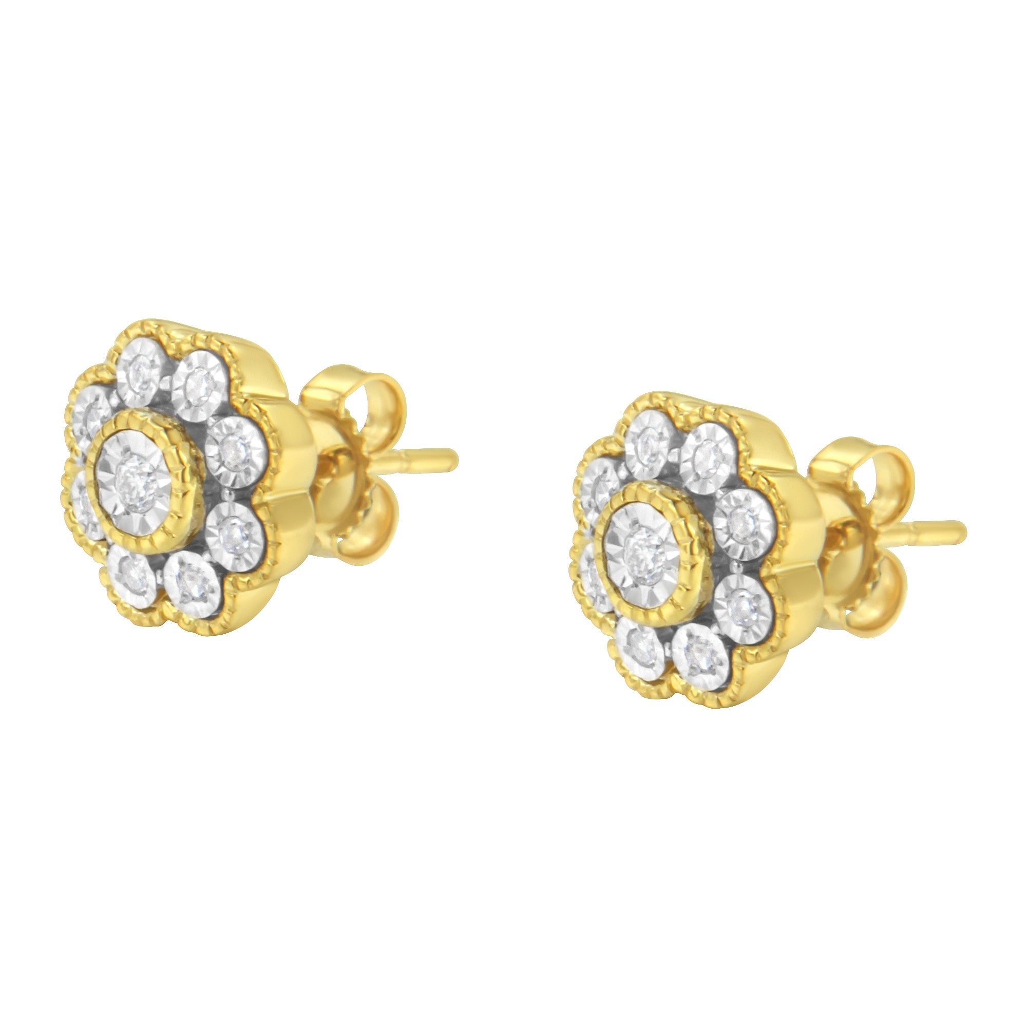 14K Yellow Gold Plated .925 Sterling Silver 1/6 Cttw Miracle-Plate Set Diamond Floral Stud Earrings (I-J Color, I2-I3 Clarity) by Bids.com