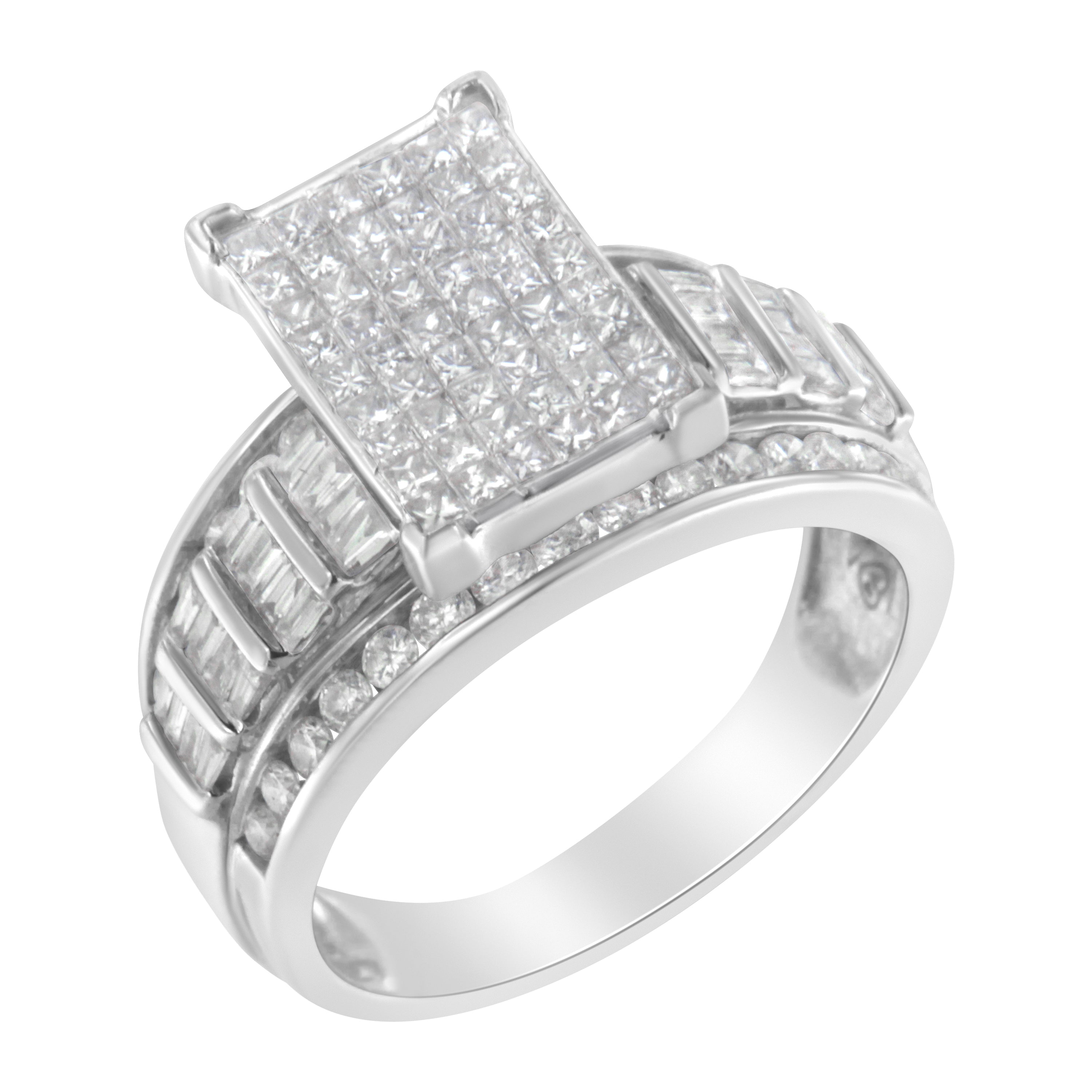 14K White Gold 2.0 Cttw Mixed-Cut Diamond Rectangle Invisible-Set Composite Cluster Ring with Bar- and Channel-Set Band (H-I Color, SI2-I1 Clarity) - Size 5 by Bids.com