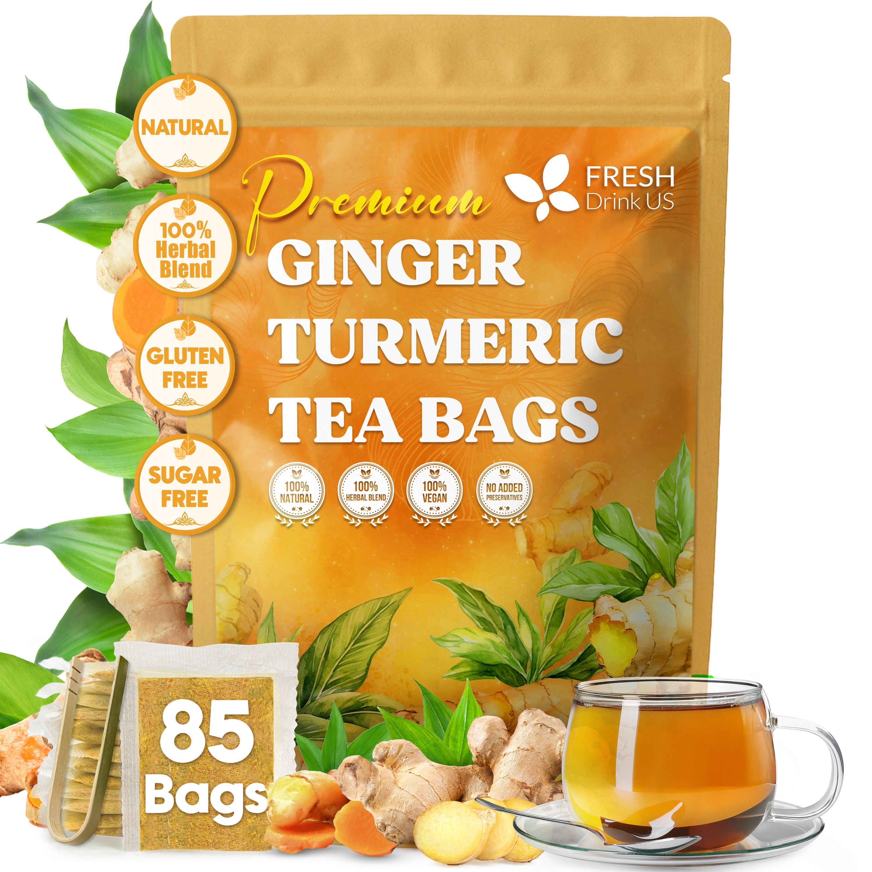 Premium Ginger Turmeric Tea Bags, Hand-made Blend of Ginger and Turmeric Herbal Tea, Eco-conscious Tea Bags. No Sugar, No Caffeine, No Gluten, Vegan. by FreshDrinkUS - Natural and Premium Herbal Tea