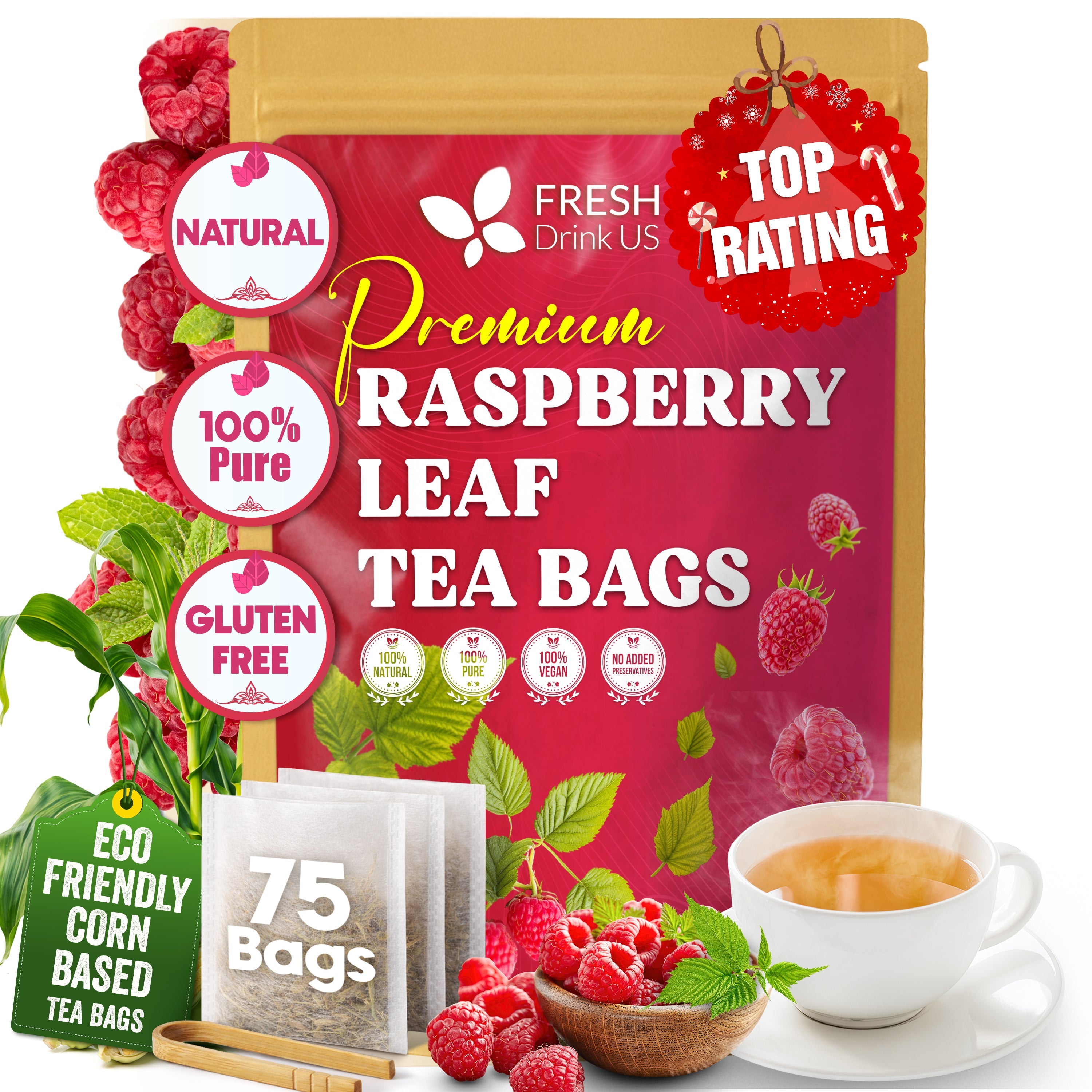 Raspberry Leaf Tea Bags, 100% Natural & Pure from Raspberry Leaves. Loose Leaf Raspberry Herbal Tea, Made with Natural Material Tea Bags, Raspberry Leaf Tea. No Sugar, No Caffeine, No Gluten, Vegan. by FreshDrinkUS - Natural and Premium Herbal Tea