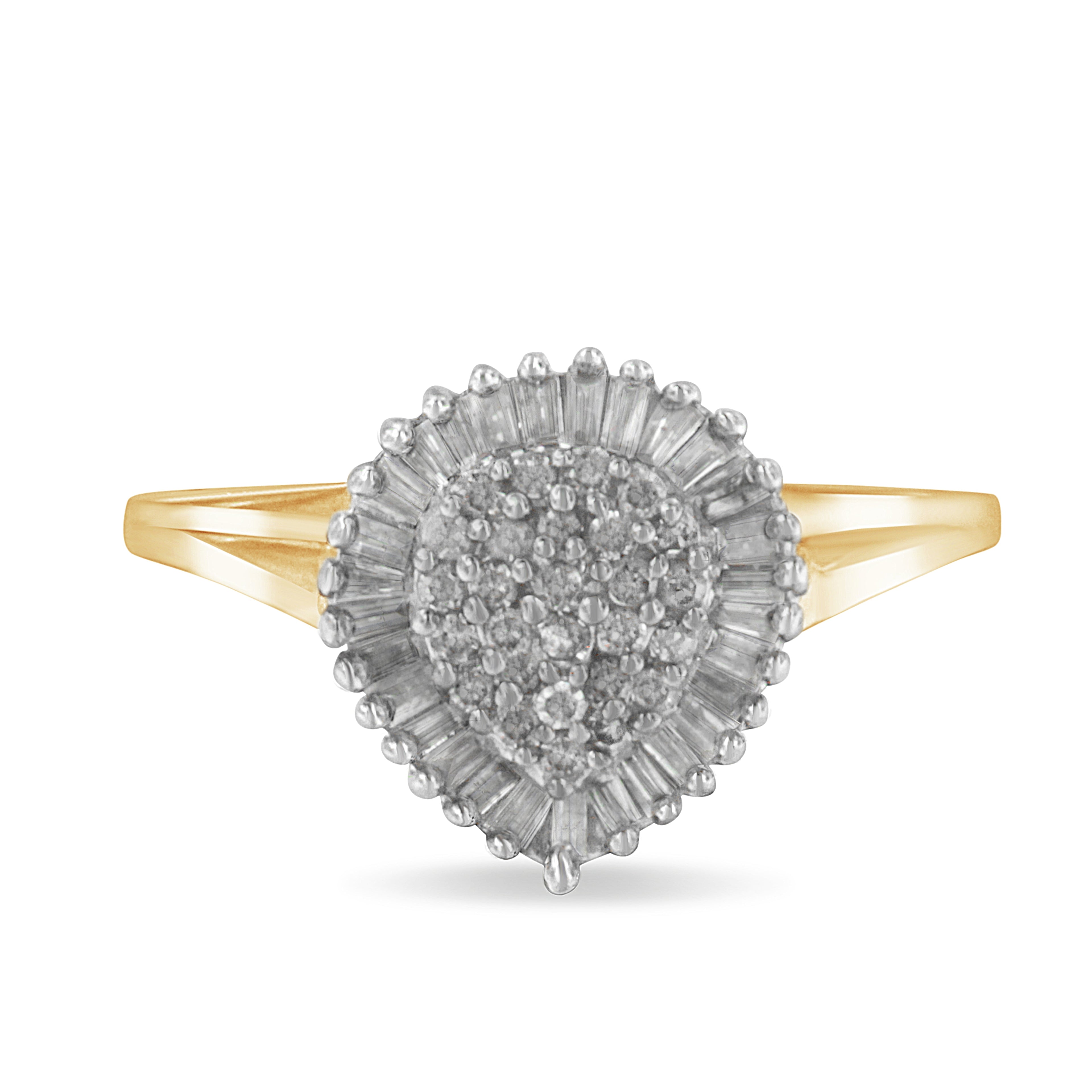 10K Yellow Gold 1/2 Cttw Round & Baguette Cut Diamond Pear Shaped Domed Pavé Cluster with Halo Cocktail Ring (J-K Color, I1-I2 Clarity) - Size 4-1/4 by Bids.com
