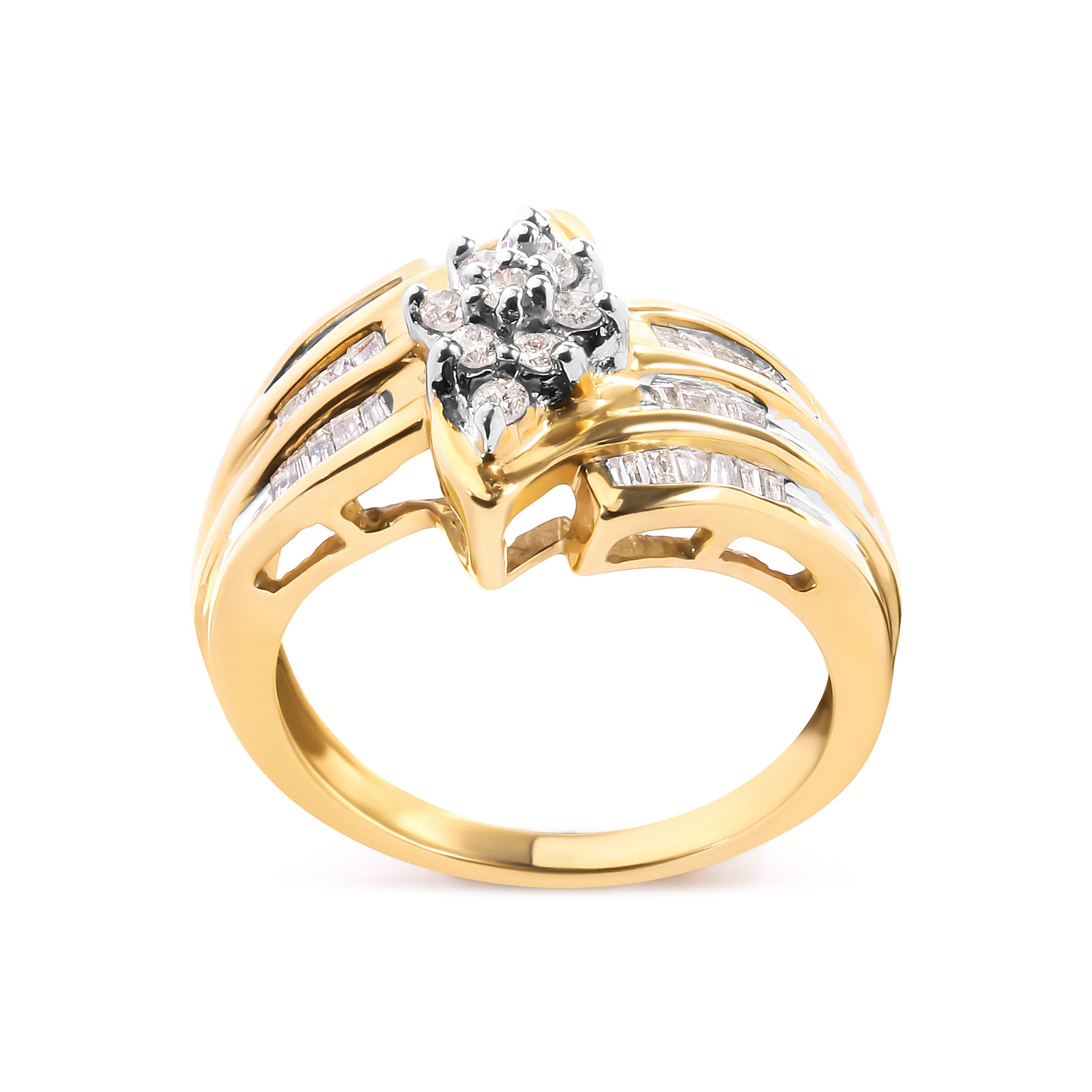 10K Yellow Gold 1/2 Cttw Round And Baguette-cut Diamond Cluster Head and Channel Set Shank Ring (H-I Color, I1-I2 Clarity) - Ring Size 7 by Bids.com