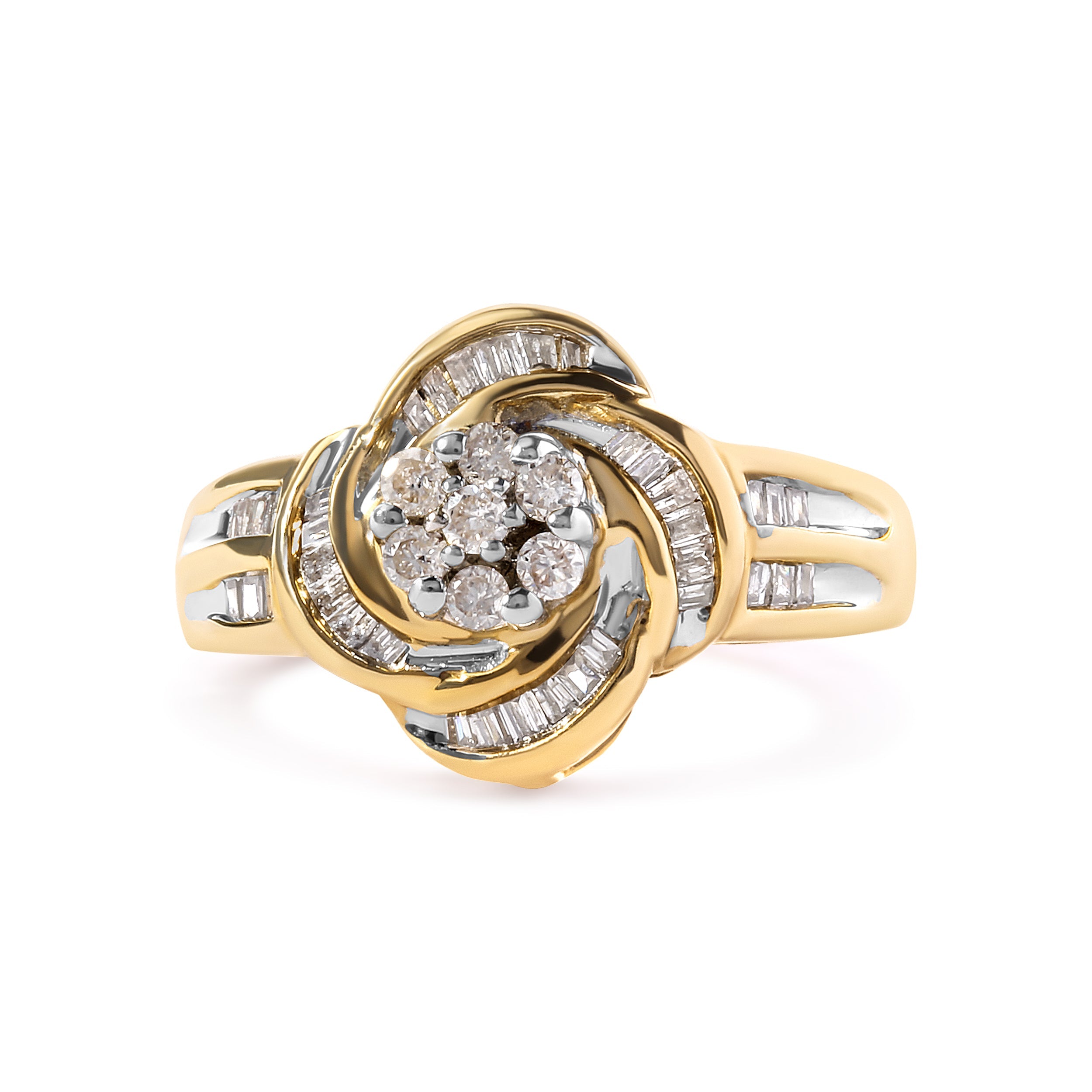 10K Yellow Gold 1/2 Cttw Round and Baguette Diamond Flower Swirl Cocktail Ring (I-J Color, SI2-I1 Clarity) - Ring Size 7 by Bids.com