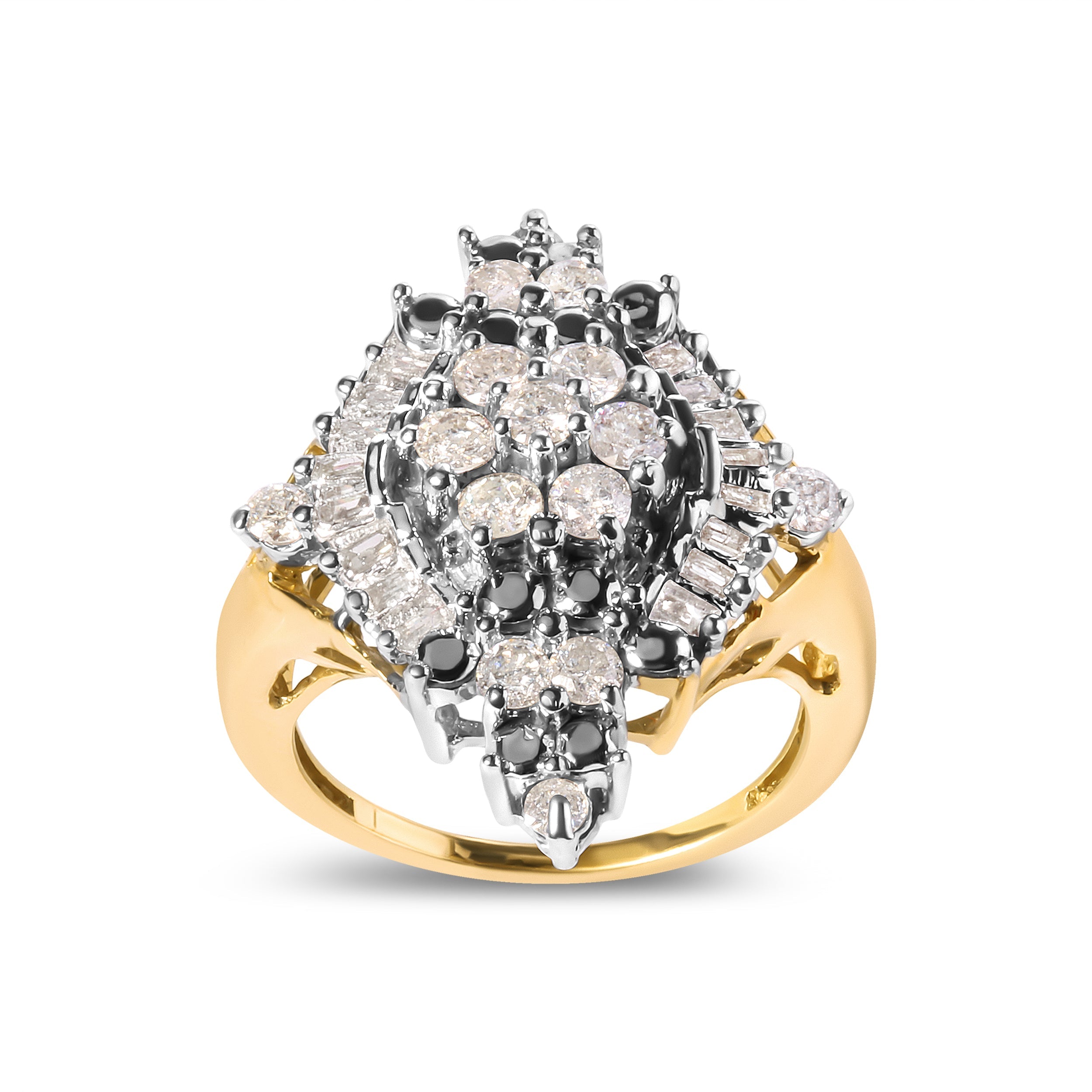 10K Yellow Gold 1 Cttw Round and Baguette cut Diamond Cluster and Rhombus Halo Ring (H-I Color, I1-I2 Clarity) - Ring Size 7 by Bids.com