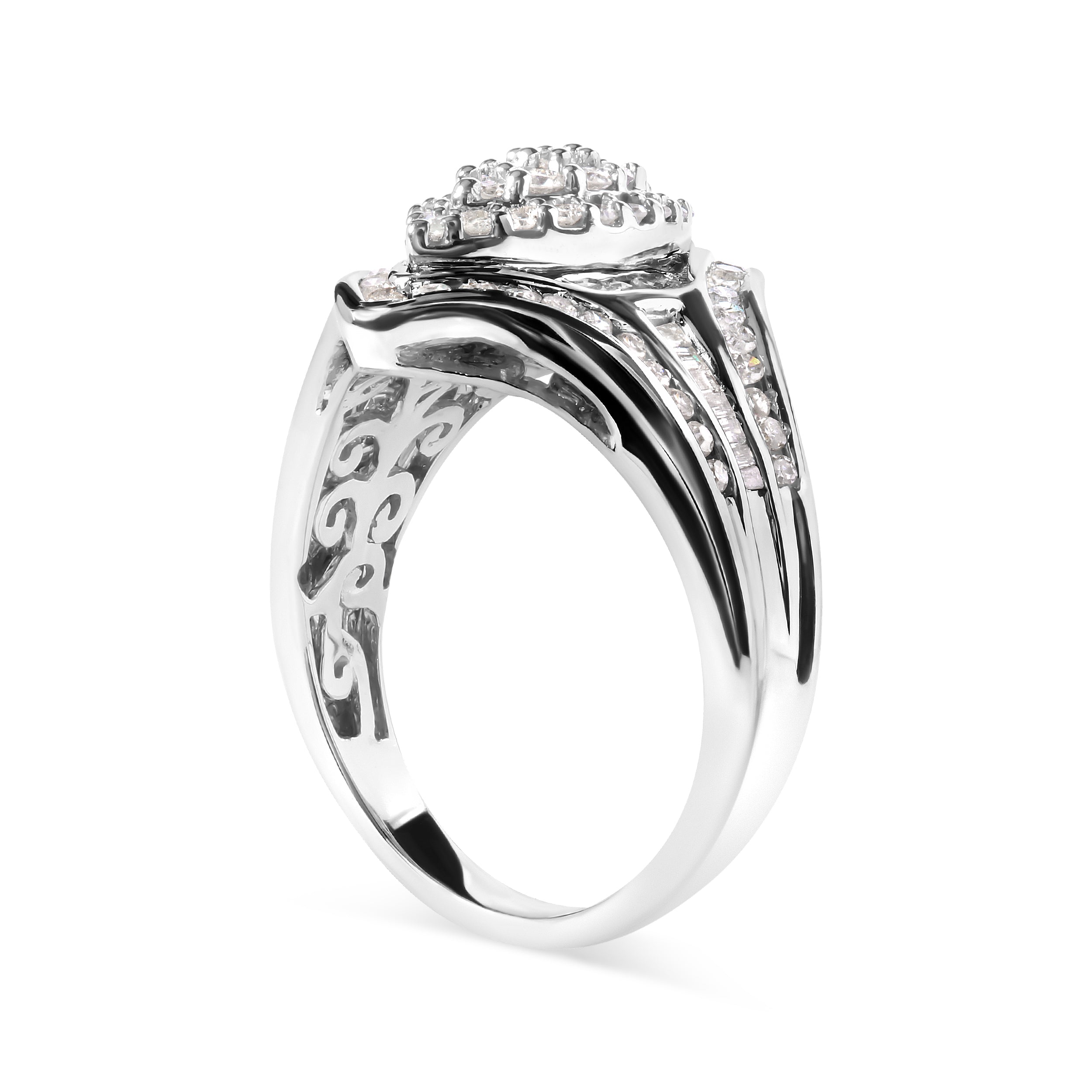 14K White Gold 3/4 Cttw Round and Baguette cut Diamond Cluster Ring (H-I Color, I1-I2 Clarity) DestGlow