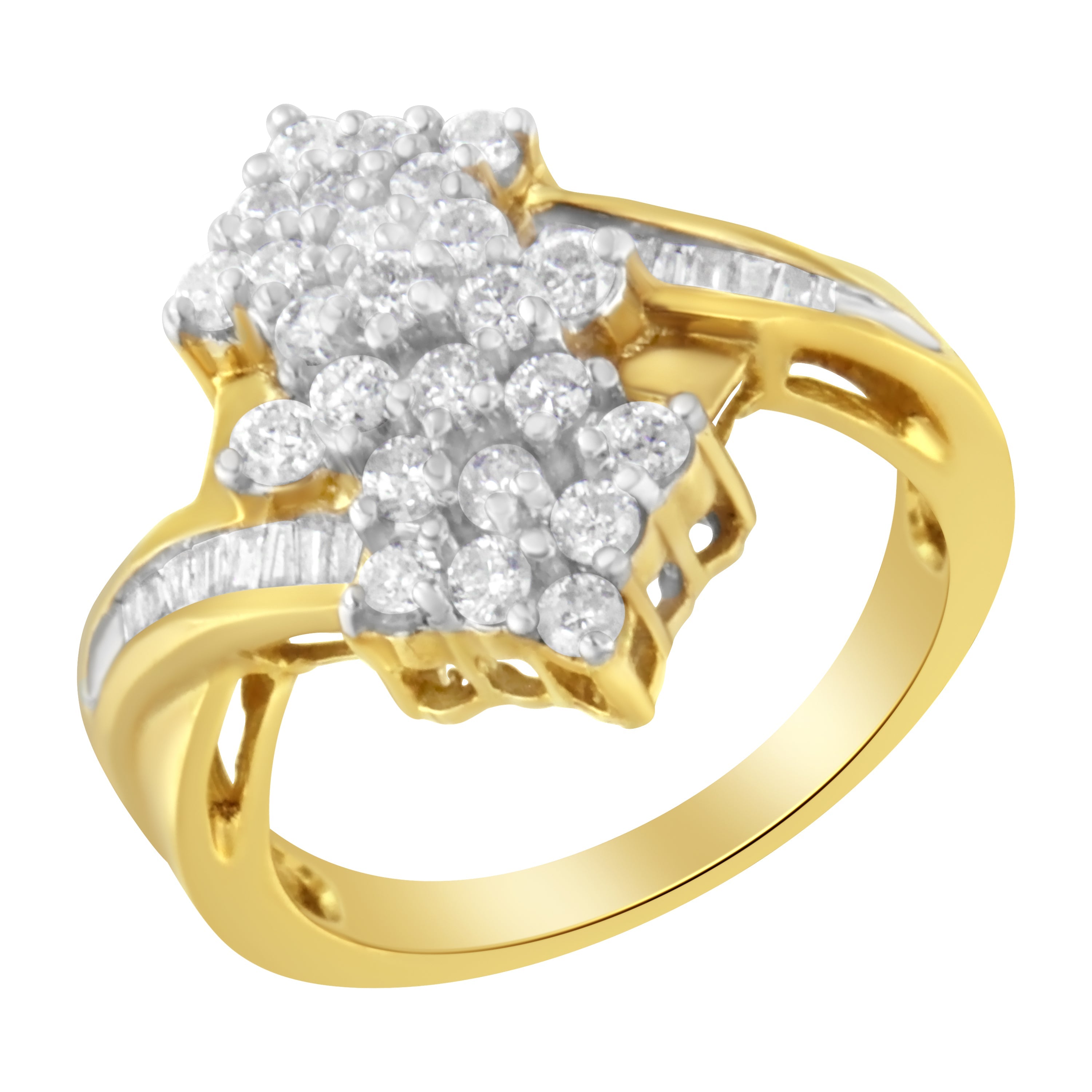 10K Yellow Gold Round And Baguette Cut Diamond Cluster Ring (1 1/10 Cttw, H-I Color, SI2-I1 Clarity) - Size 7 by Bids.com