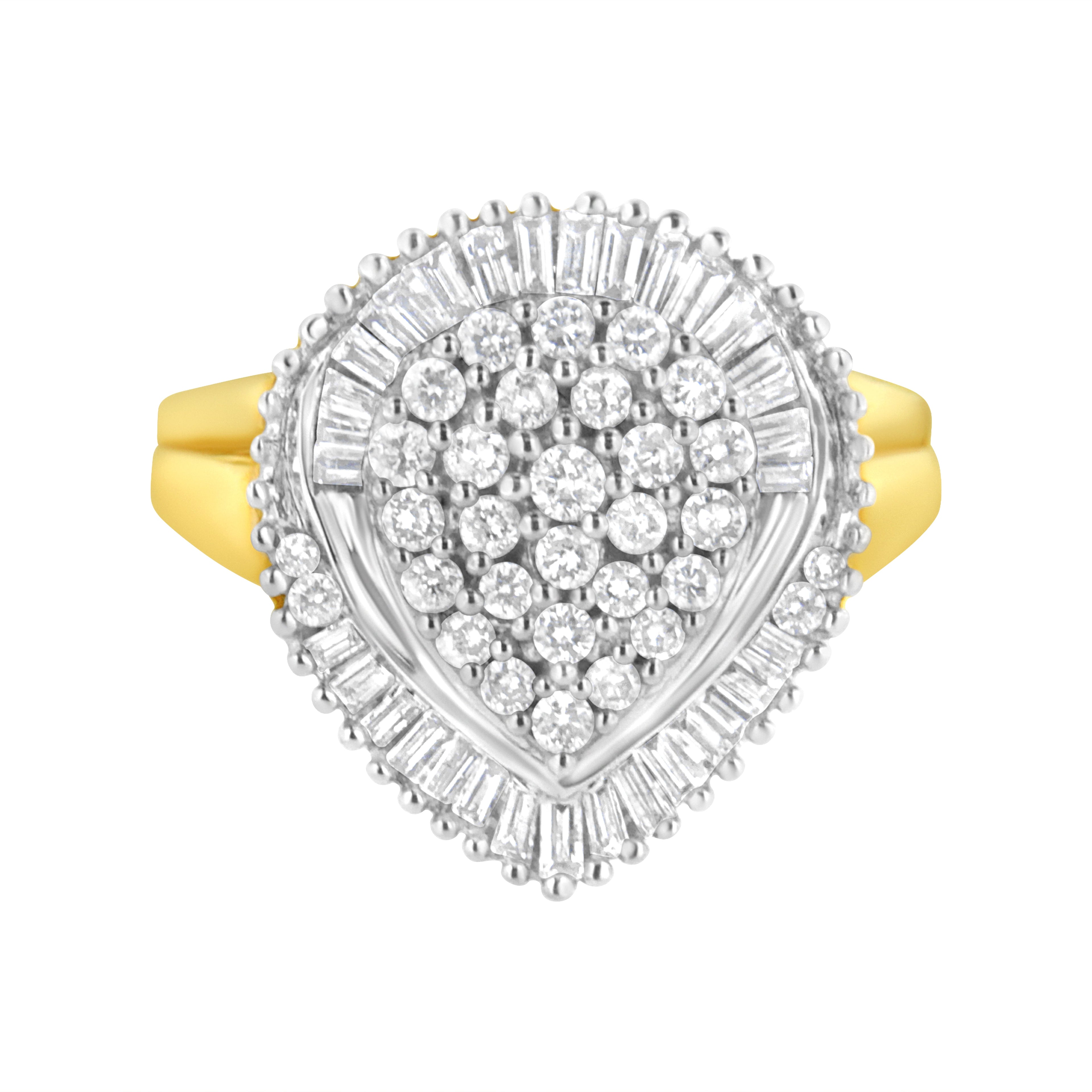 10K Yellow Gold 1.0 Cttw Round and Baguette Cut Diamond Oval Shaped Cluster Ring (I-J Color, I1-I2 Clarity) - Size 7 by Bids.com
