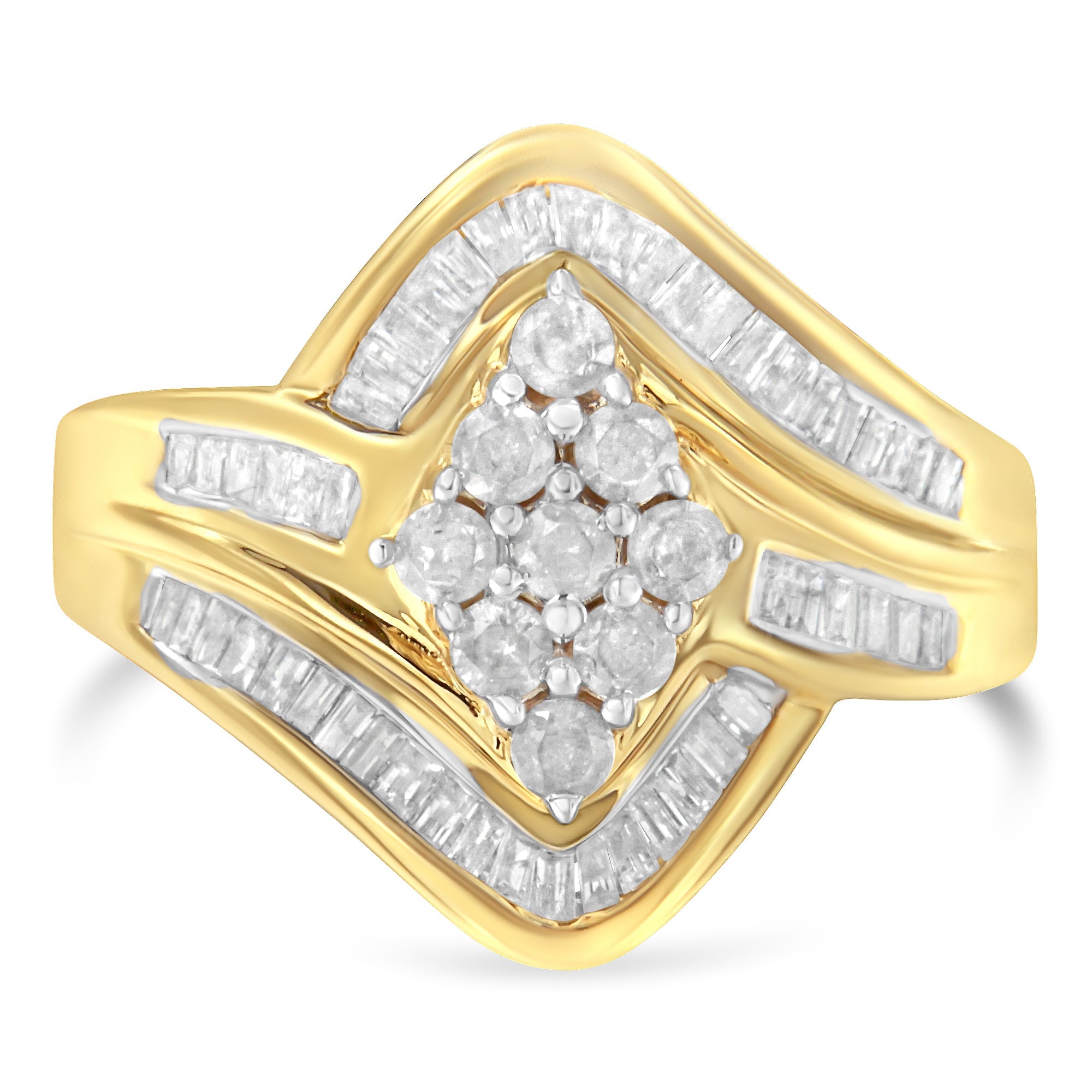 10K Yellow Gold over .925 Sterling Silver Diamond Bypass Cluster Ring (1 Cttw, I-J Color, I2-I3 Clarity) - Size 6 by Bids.com