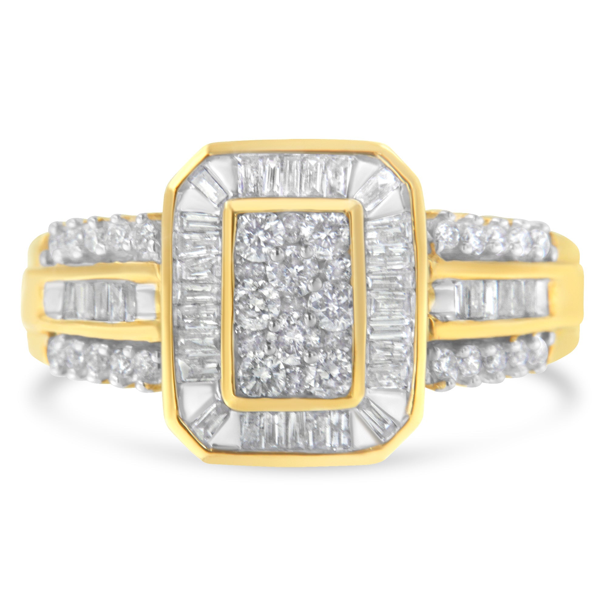 10K Yellow Gold Round and Baguette-Cut Diamond Cocktail Ring (1.0 Cttw, H-I Color, SI2-I1 Clarity) - Size 7 by Bids.com