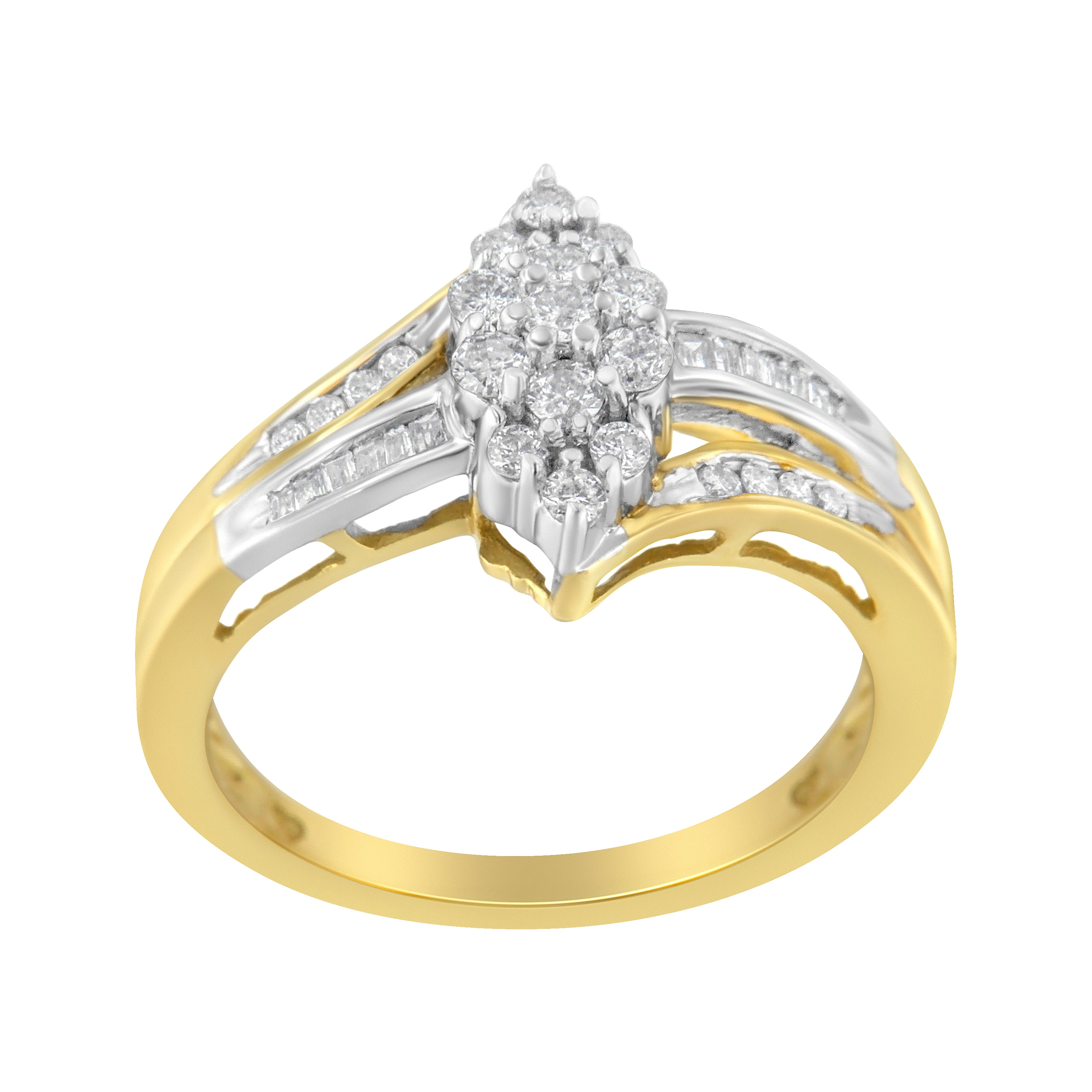 10K Yellow and White Gold 1/2 Cttw Diamond Marquise Shaped Cluster Split Shank Ring (H-I Color, SI2-I1 Clarity) - Size 7 by Bids.com