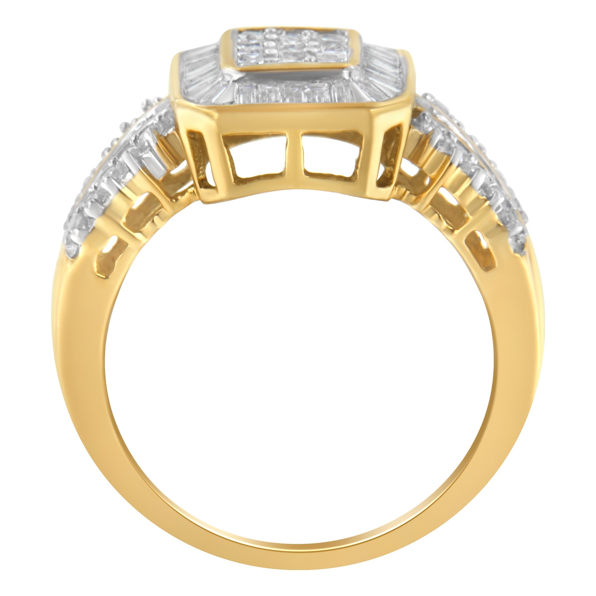10K Yellow Gold Round and Baguette-Cut Diamond Cluster Ring (1.0 Cttw, I-J Color, SI1-SI2 Clarity) - Size 7 by Bids.com