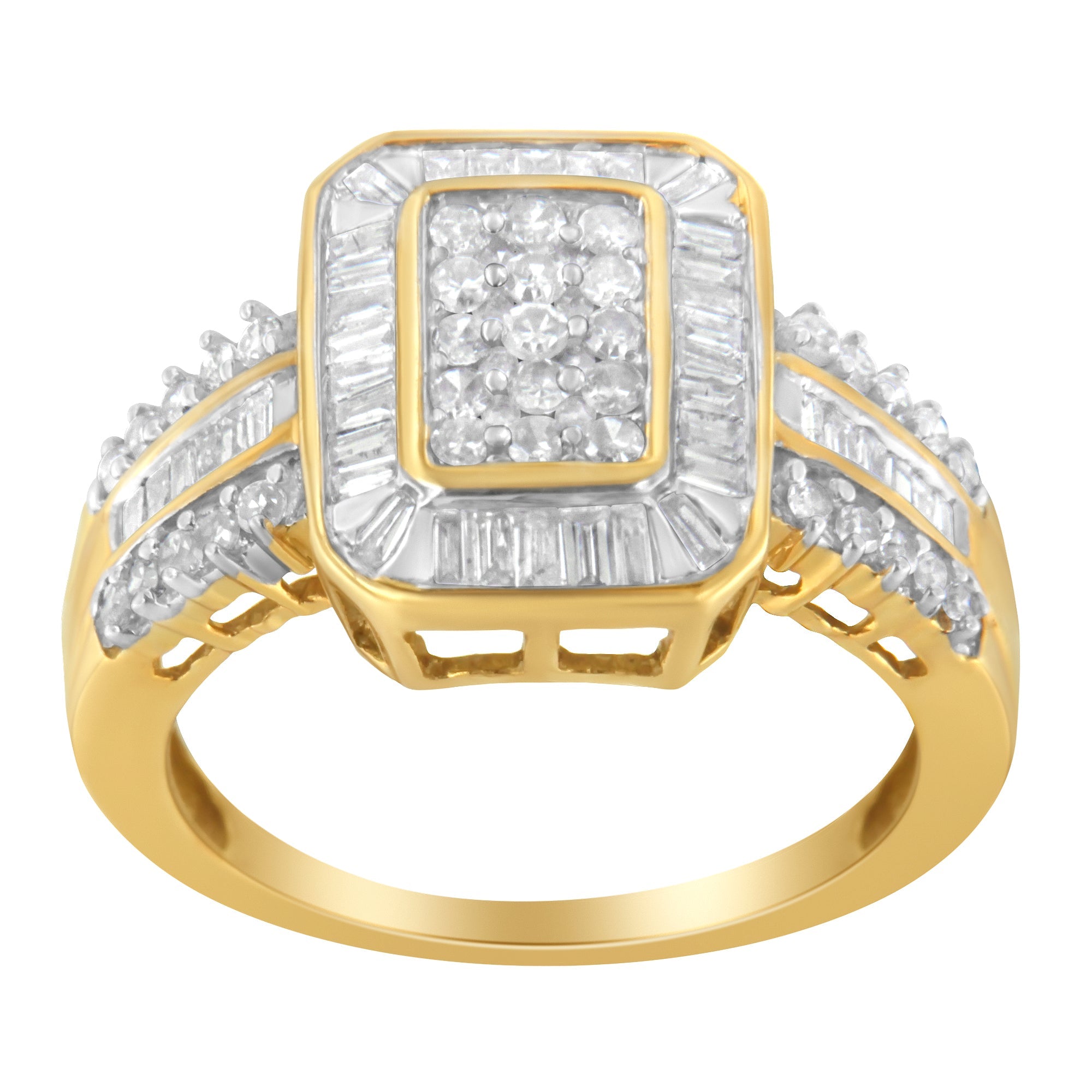 10K Yellow Gold Round and Baguette-Cut Diamond Cluster Ring (1.0 Cttw, I-J Color, SI1-SI2 Clarity) - Size 7 by Bids.com