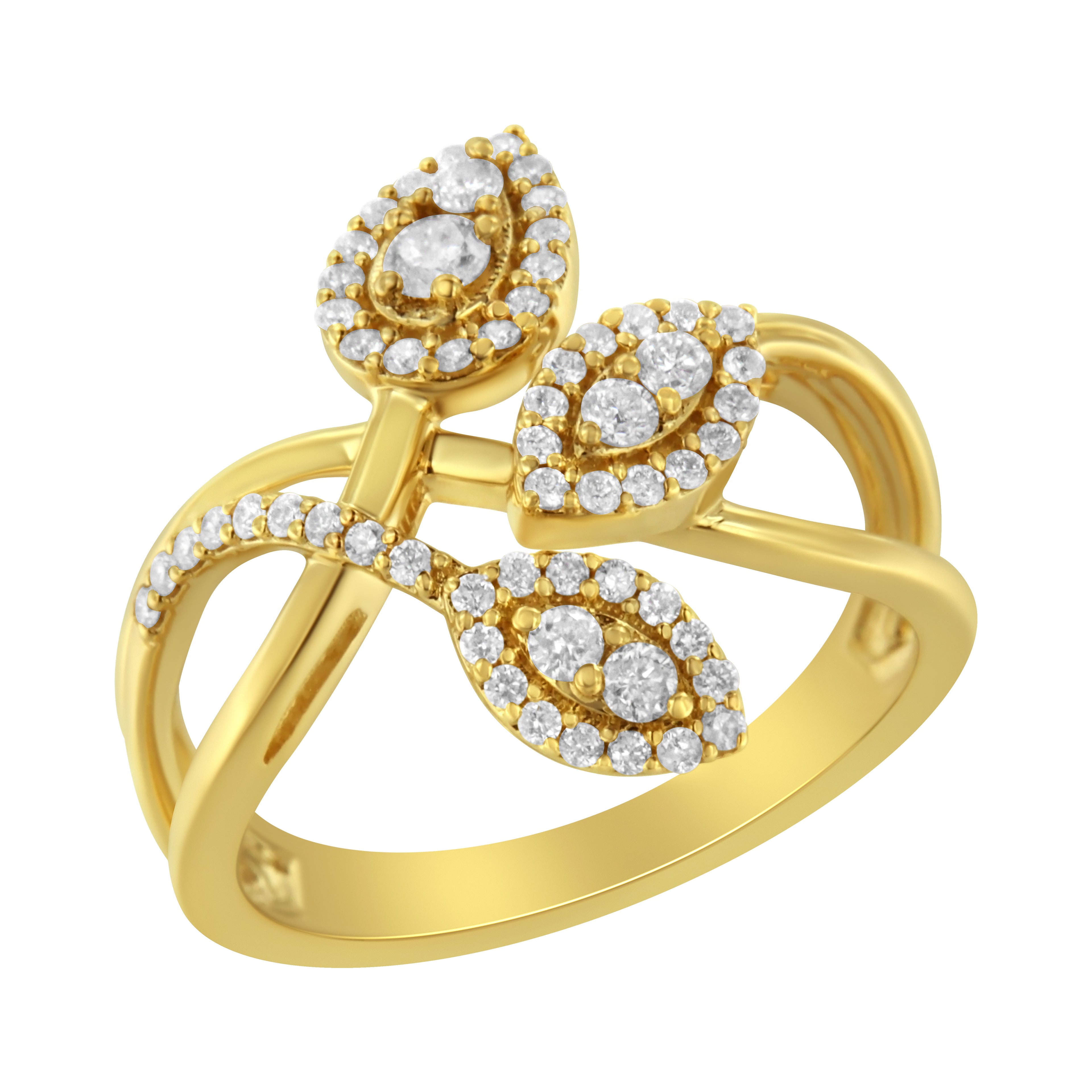 10K Yellow Gold 1/2 Cttw Round-Cut Diamond Layered Crossover Triple Leaf Bypass Ring (I-J Color, I1-I2 Clarity) - Size 7 by Bids.com