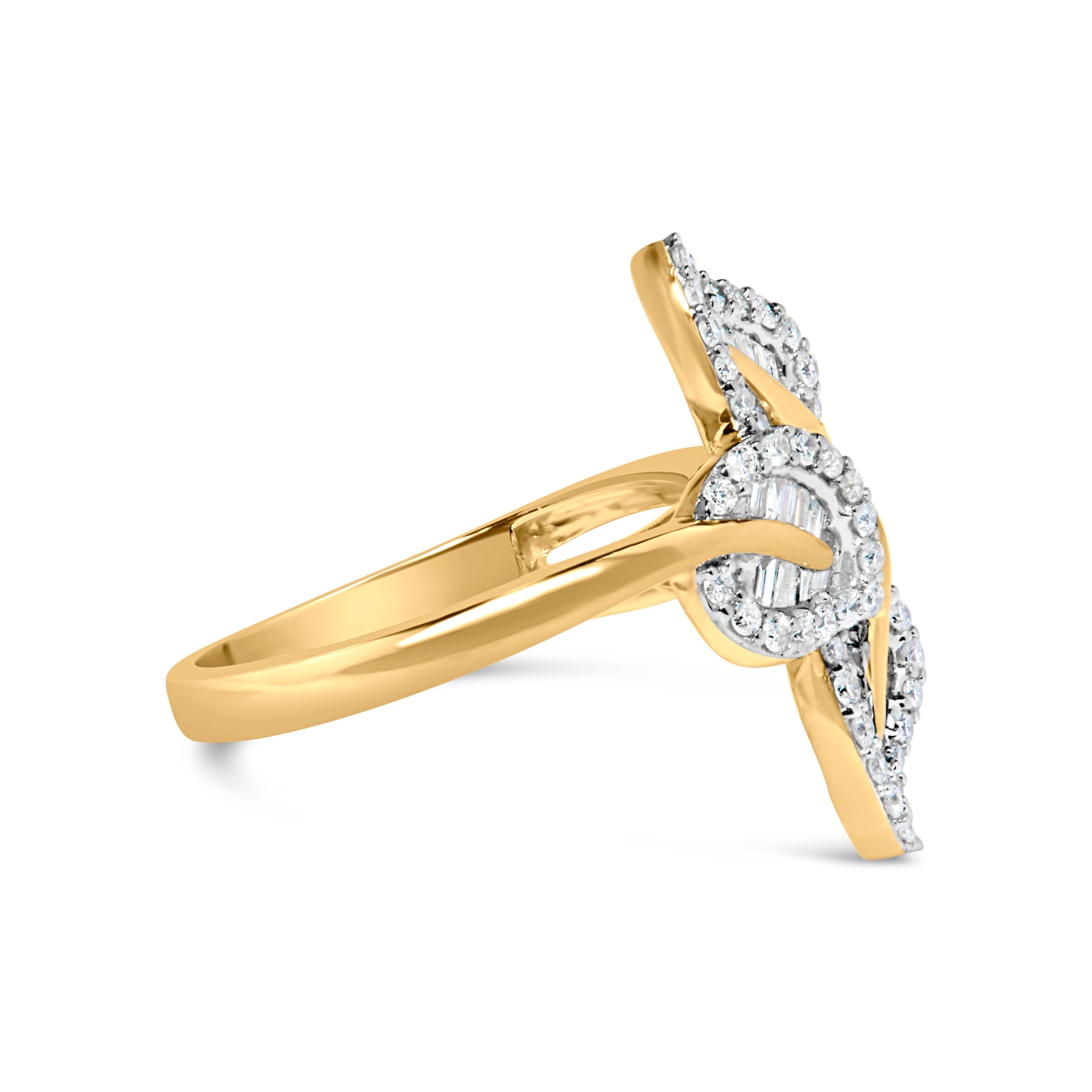 18K Yellow Gold Plated .925 Sterling Silver 1/2 Cttw Baguette and Round Diamond Bypass Triple Leaf Ring (I-J Color, I1-I2 Clarity) - Size 5 by Bids.com