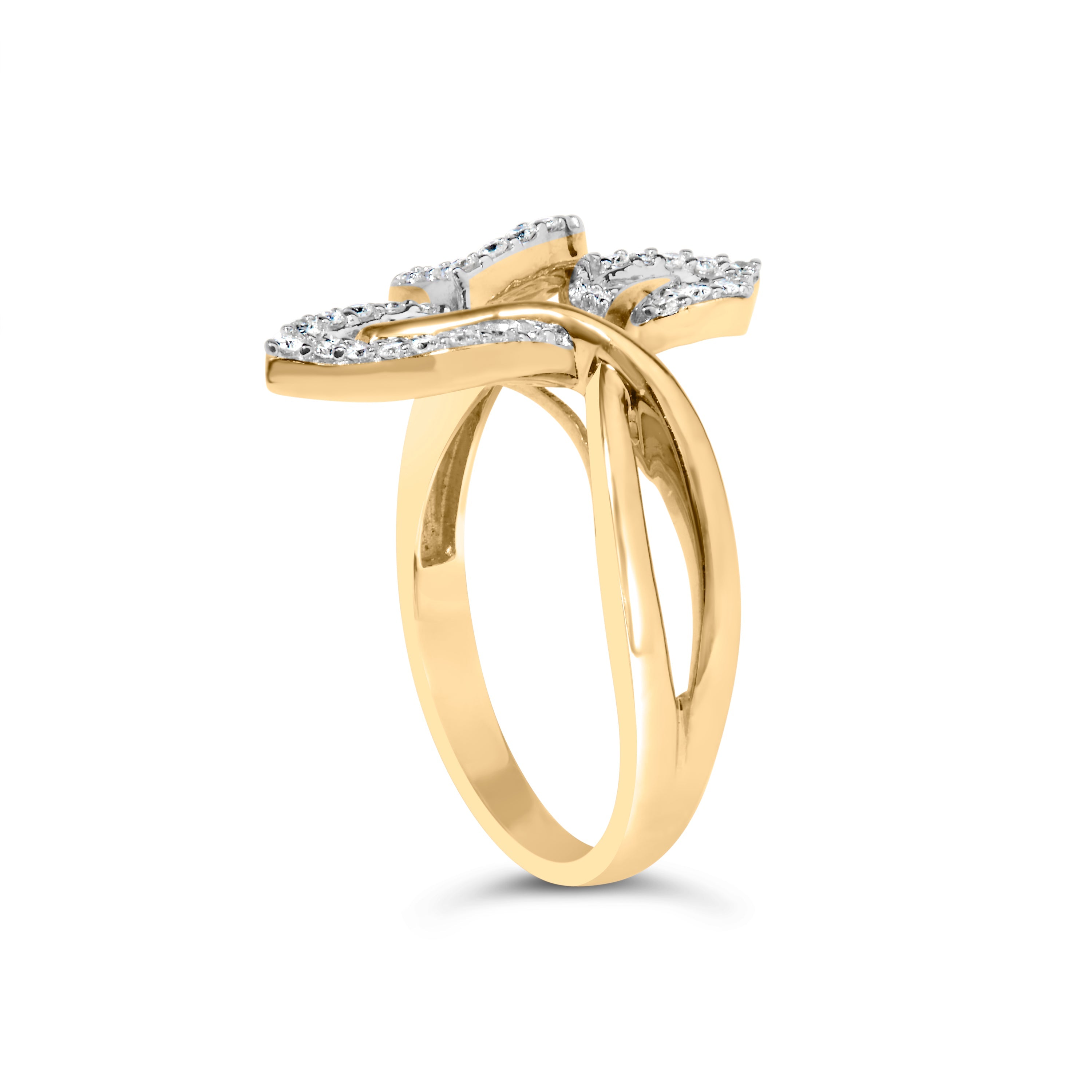 18K Yellow Gold Plated .925 Sterling Silver 1/2 Cttw Baguette and Round Diamond Bypass Triple Leaf Ring (I-J Color, I1-I2 Clarity) - Size 5 by Bids.com