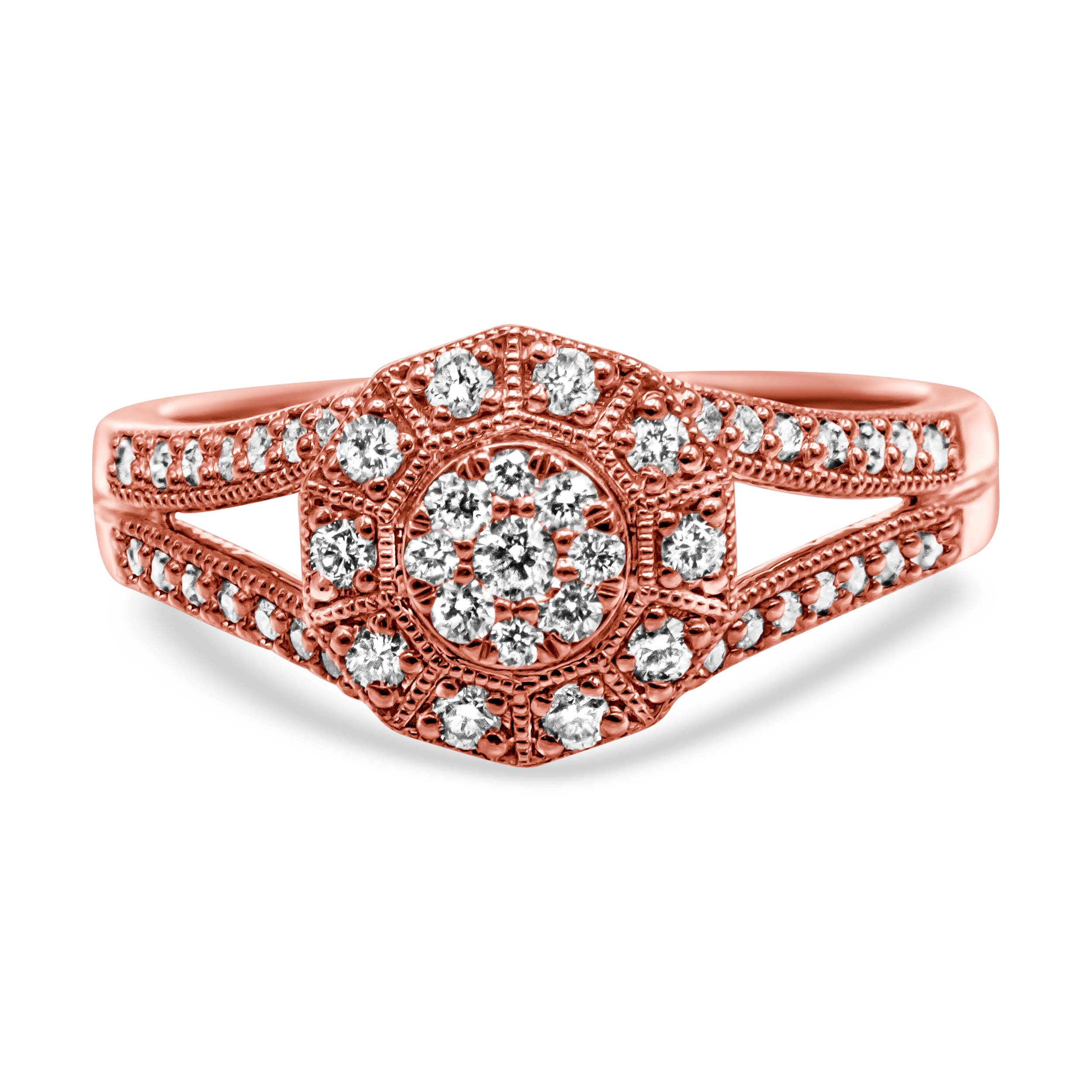 14K Rose Gold Plated .925 Sterling Silver 1/2 Cttw Pave Diamond Halo Cluster Split Shank Cocktail Ring (I-J Color, I1-I2 Clarity) - Size 6 by Bids.com