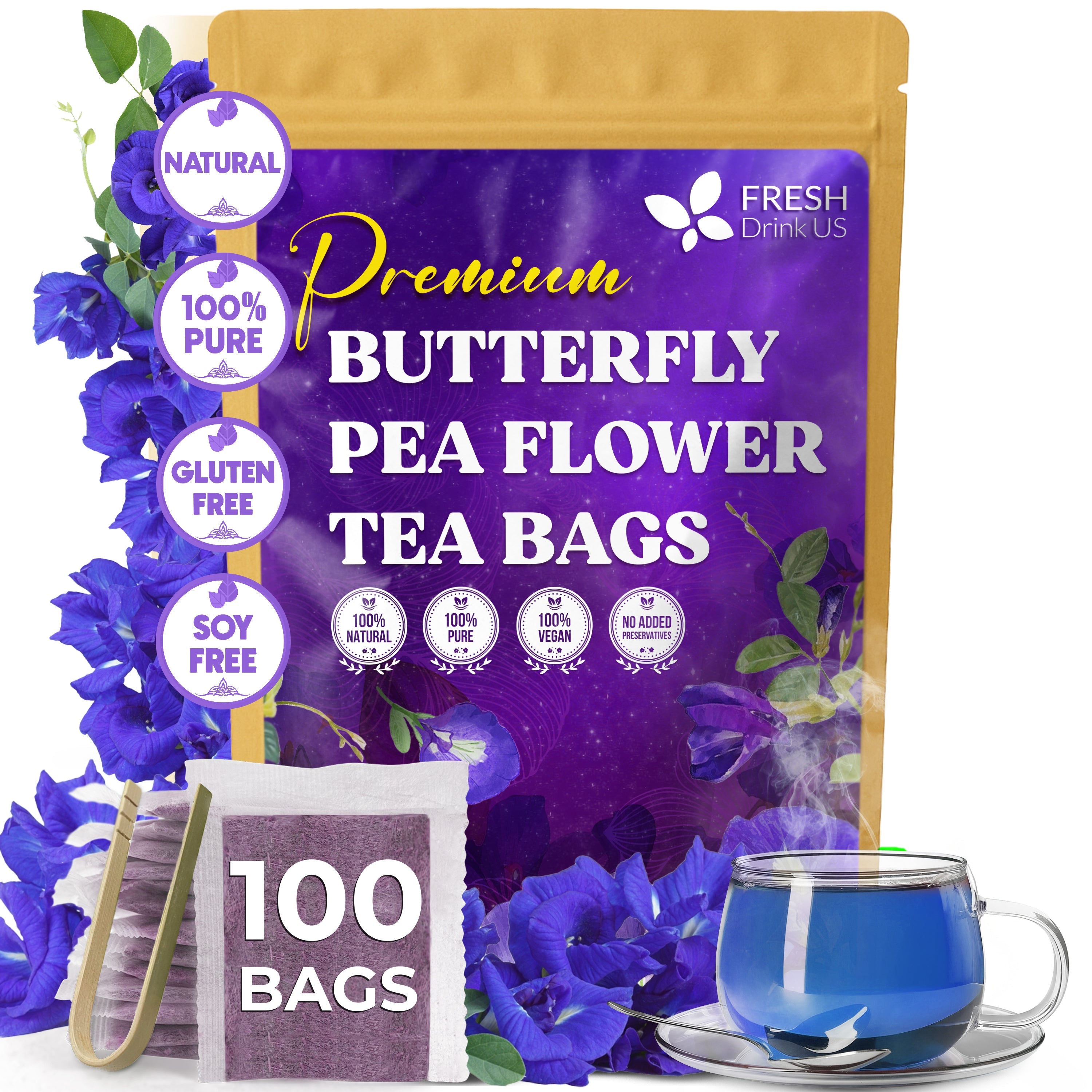 Premium Butterfly Pea Flowers, Tea Bags, 100% Natural and Pure from Butterfly Pea Flowers, Hand-made, Made With Natural Materials-Corn Fiber Tea Bag, Sugar/Caffeine/Gluten Free by FreshDrinkUS - Natural and Premium Herbal Tea