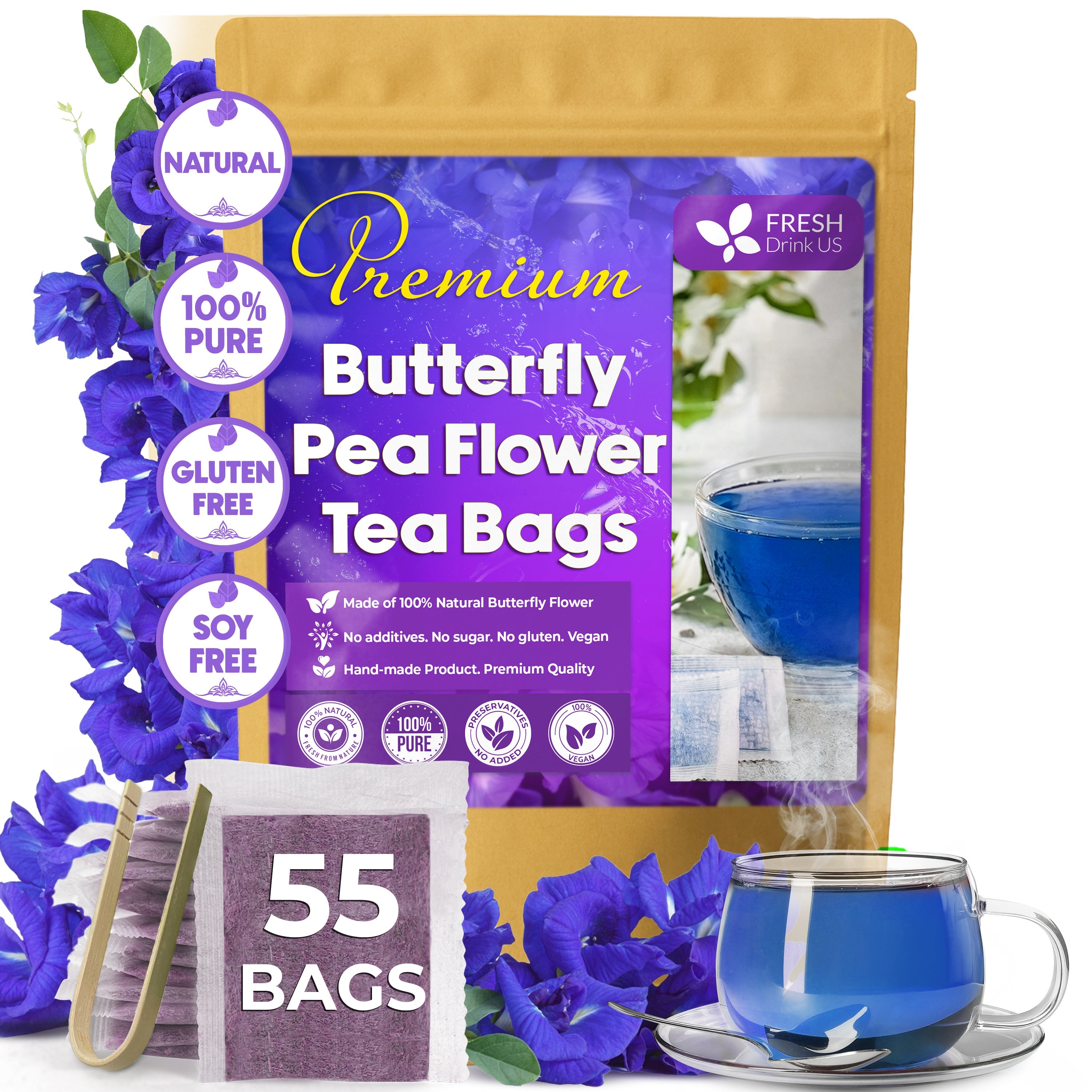 Premium Butterfly Pea Flowers, Tea Bags, 100% Natural and Pure from Butterfly Pea Flowers, Hand-made, Made With Natural Materials-Corn Fiber Tea Bag, Sugar/Caffeine/Gluten Free by FreshDrinkUS - Natural and Premium Herbal Tea