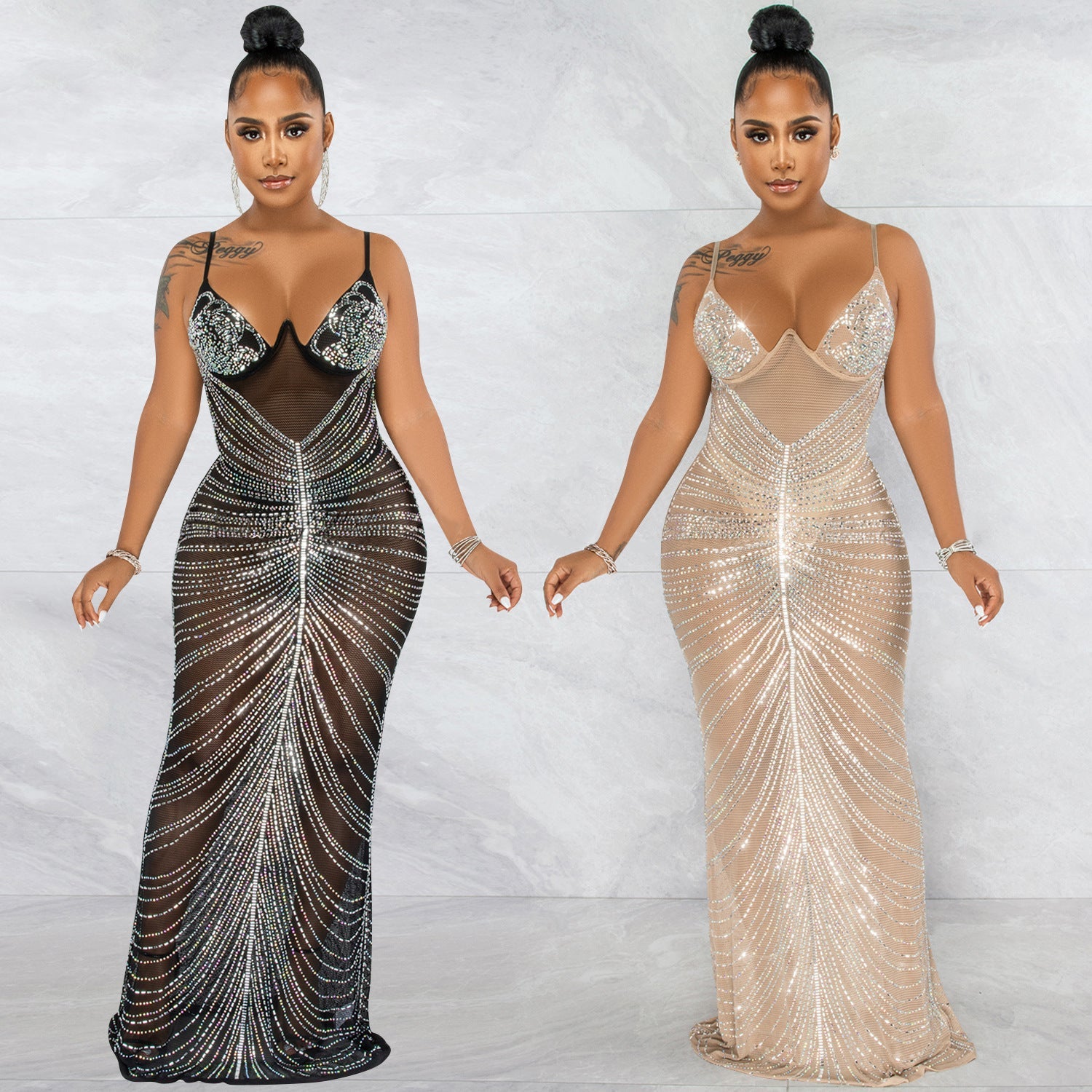 Rhinestone Sexy Spaghetti Straps Corset Mesh See through Maxi Dress by Ragazza