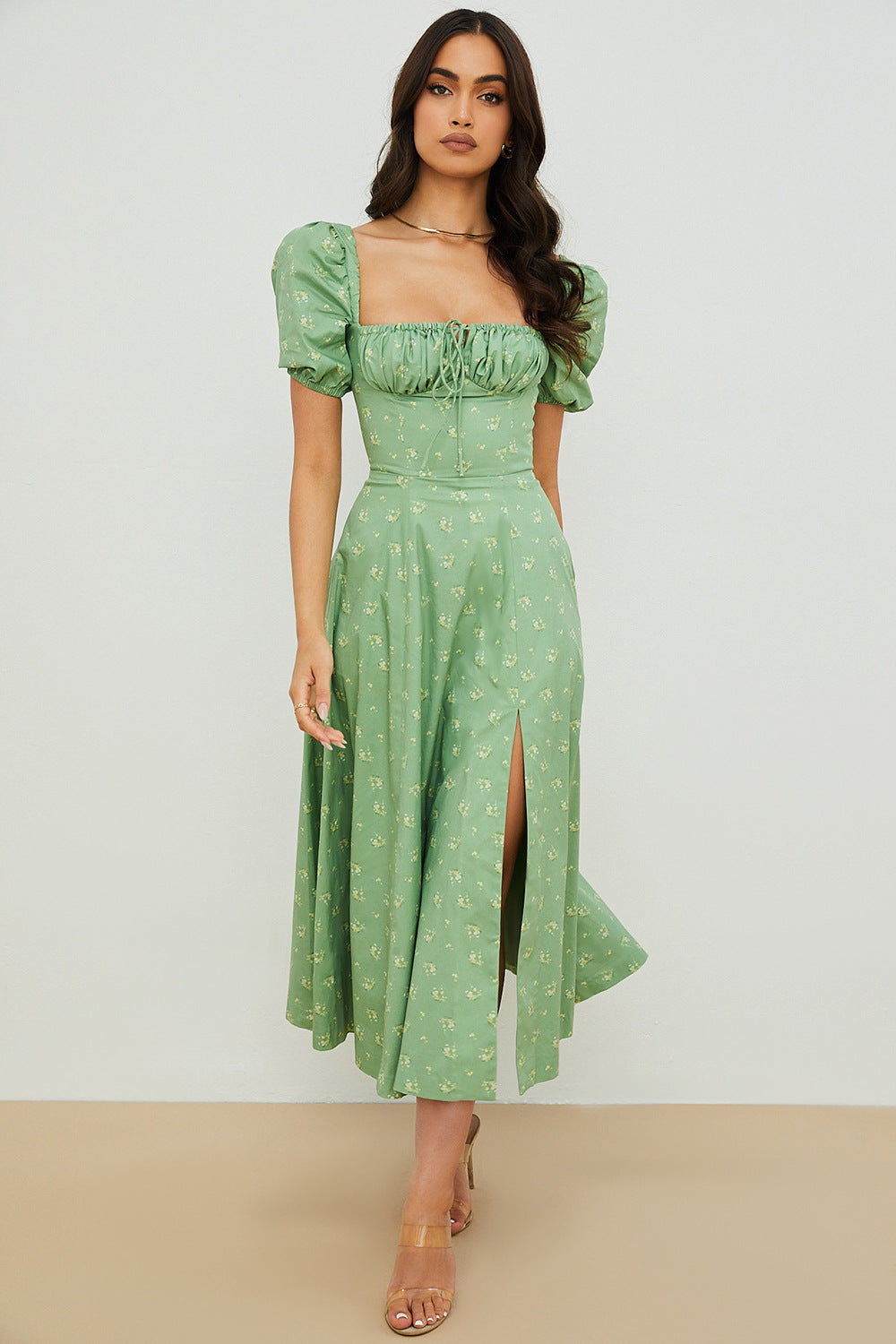 Women Summer Top Product Puff Sleeve Floral Tie Neck High Slit Women Dress Summer by Ragazza