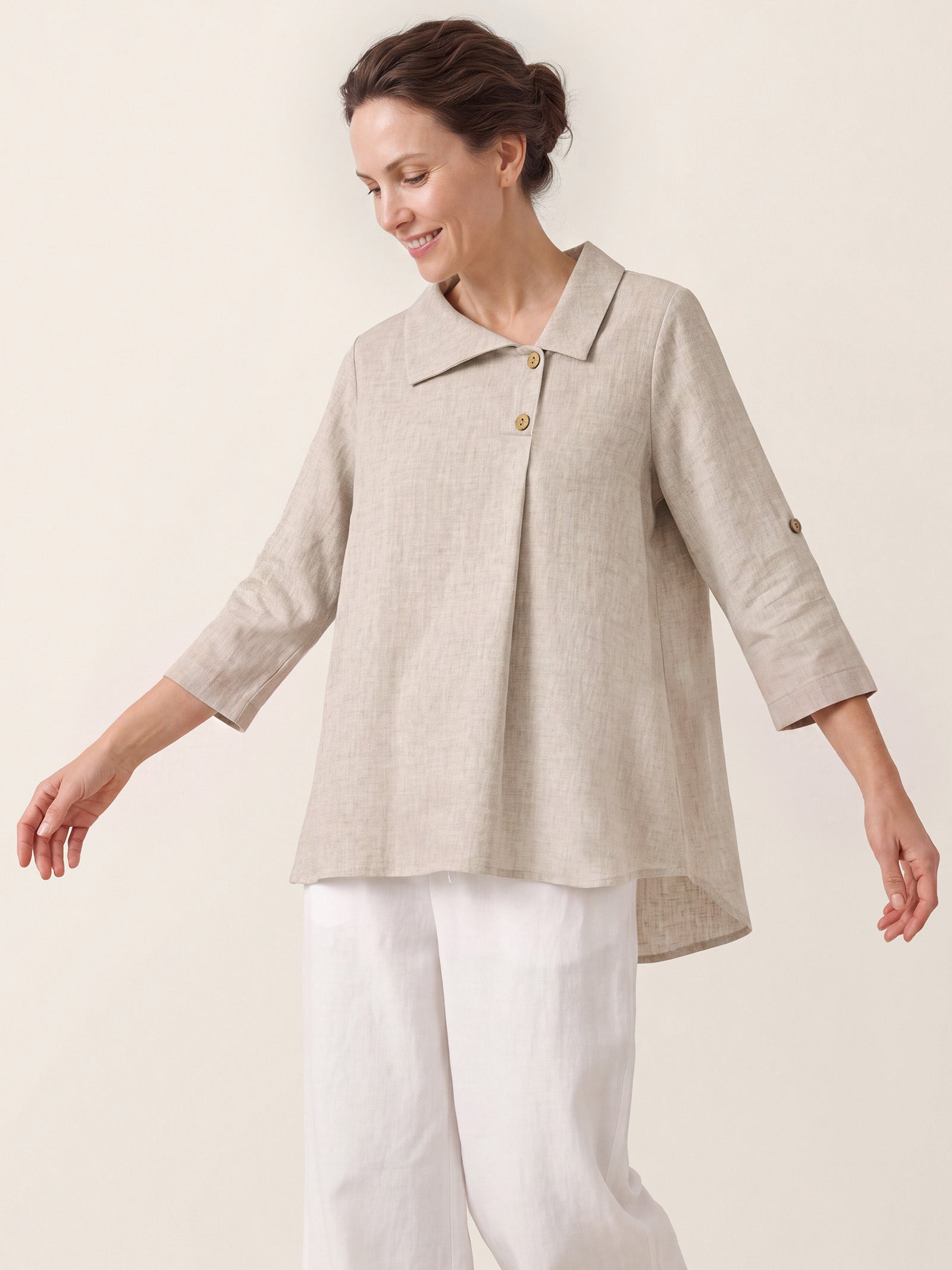 100% Linen Asymmetric Button Placket Shirt CLARISSA DestGlow