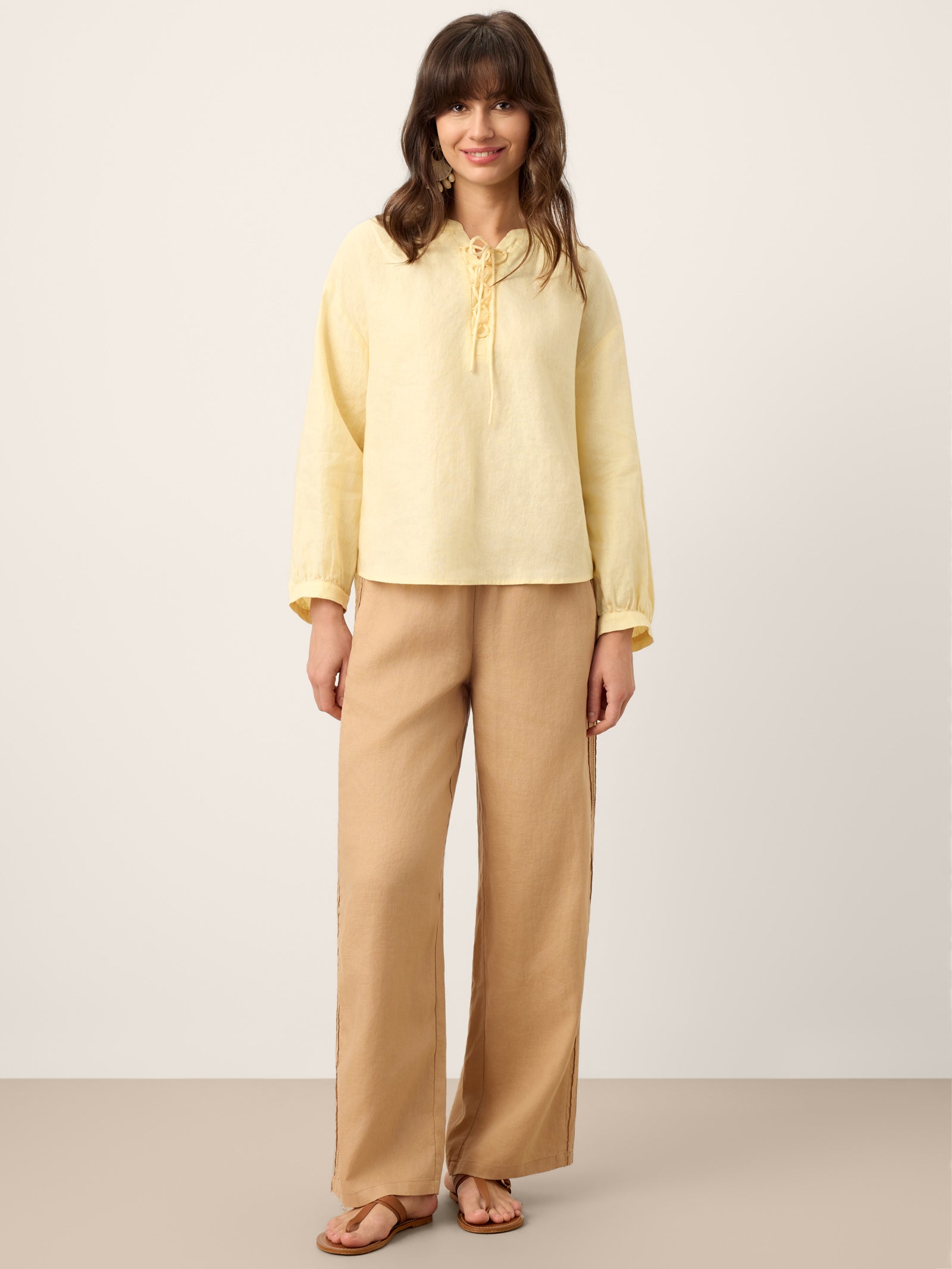 100% Linen Lace-Up Shirred Lantern Sleeve Blouse DOROTHEA DestGlow