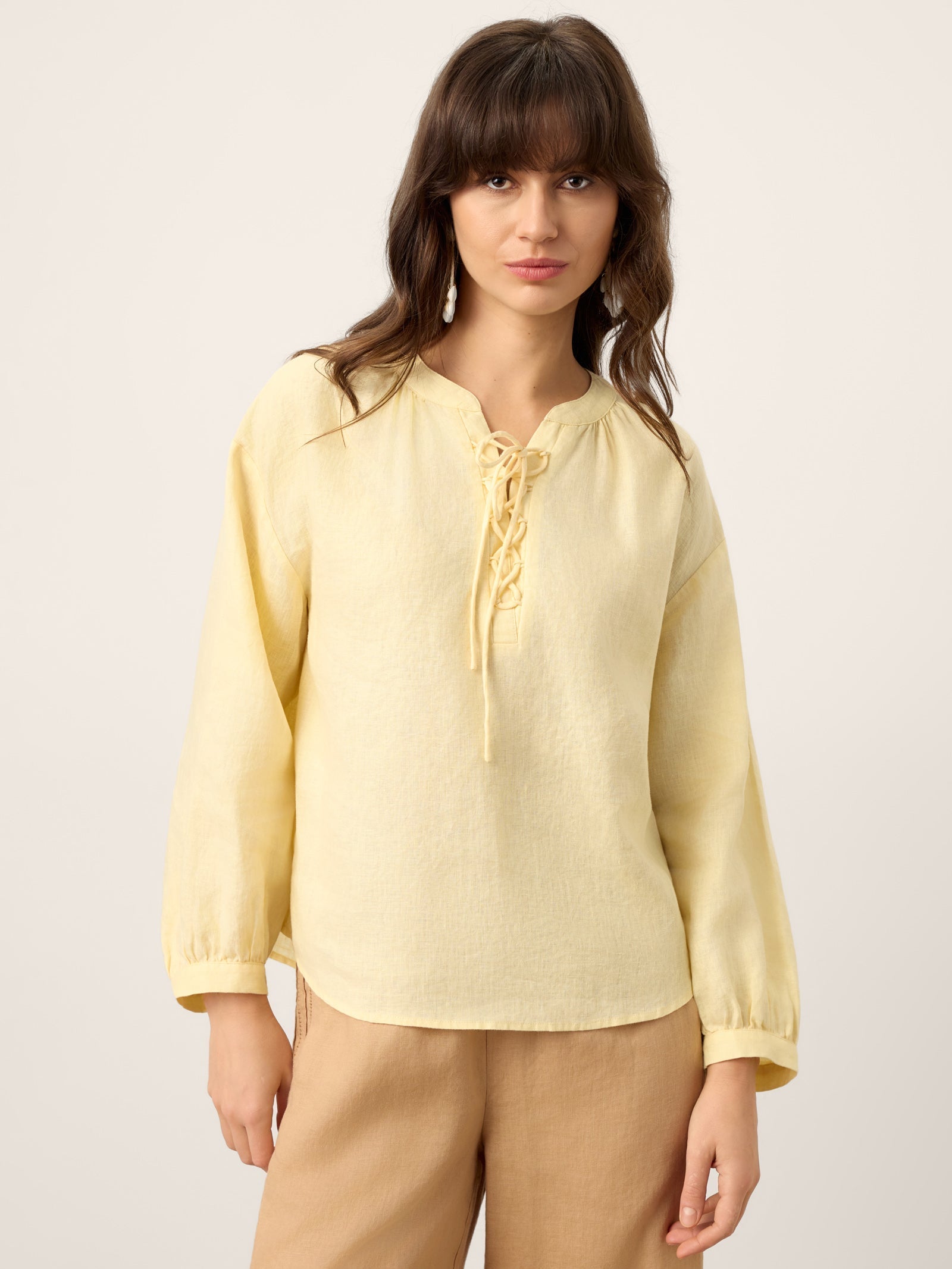 100% Linen Lace-Up Shirred Lantern Sleeve Blouse DOROTHEA DestGlow