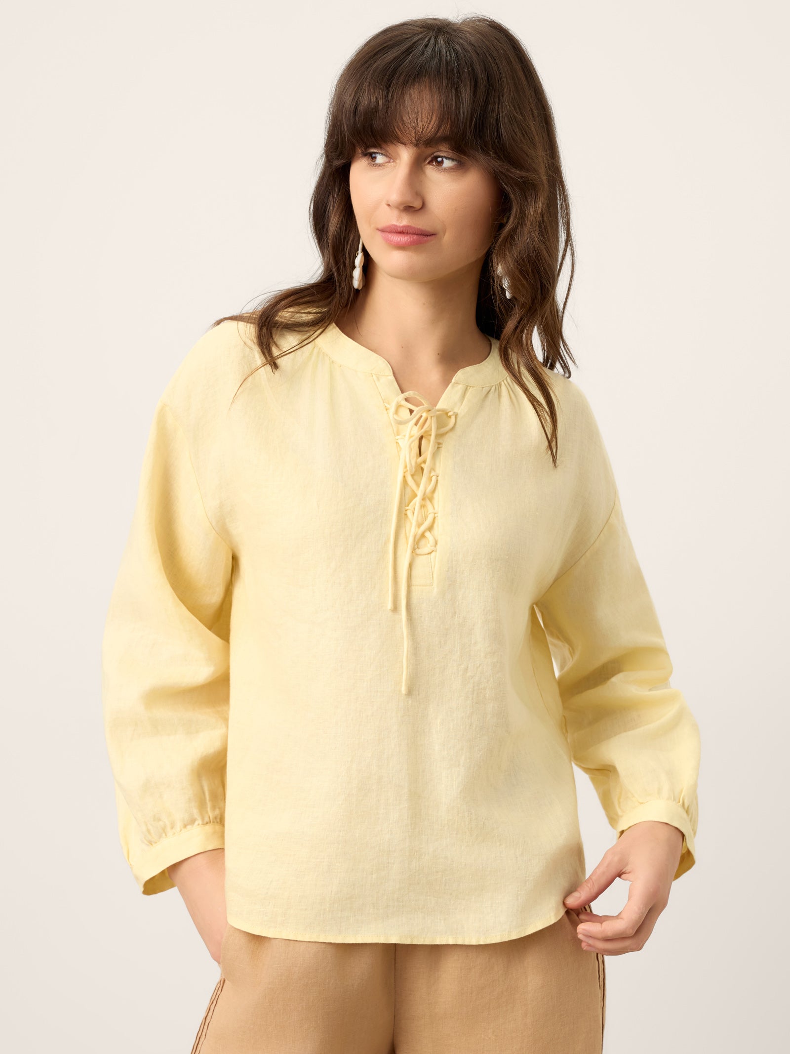 100% Linen Lace-Up Shirred Lantern Sleeve Blouse DOROTHEA DestGlow